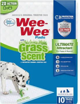 Four Paws Wee-Wee Ultimate Attractant Grass Scented Pee Pads for Dogs & Puppies, Leak-Proof Dog Housebreaking Instinctive Potty Training Floor Protection, 22" x 23", 10 Count
