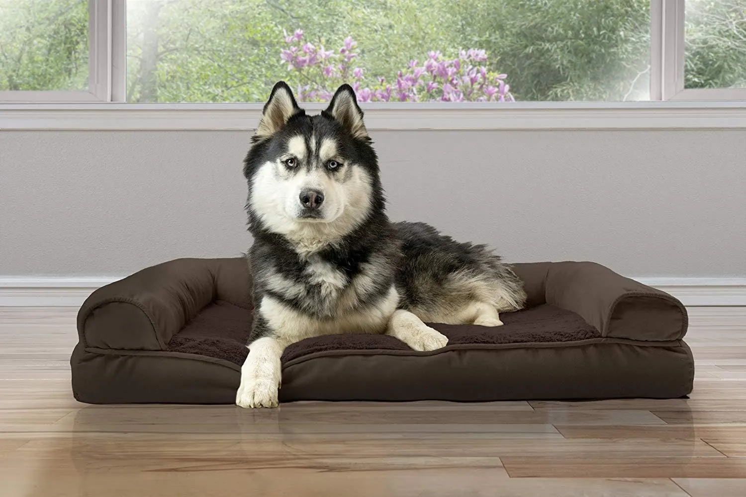 Furhaven Cooling Gel Dog Bed for Large Dogs w/ Removable Bolsters & Washable Cover, For Dogs Up to 95 lbs - Plush & Suede Sofa - Espresso, Jumbo/XL