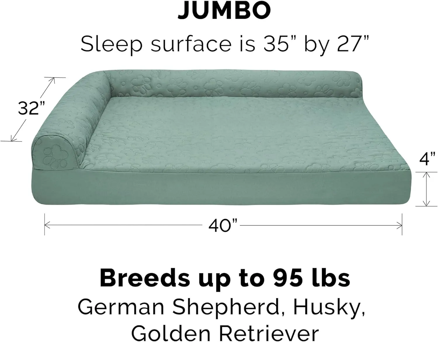 Furhaven Orthopedic Dog Bed for Large Dogs w/ Removable Bolsters & Washable Cover, For Dogs Up to 95 lbs - Pinsonic Quilted Paw L Shaped Chaise - Iceberg Green, Jumbo/XL