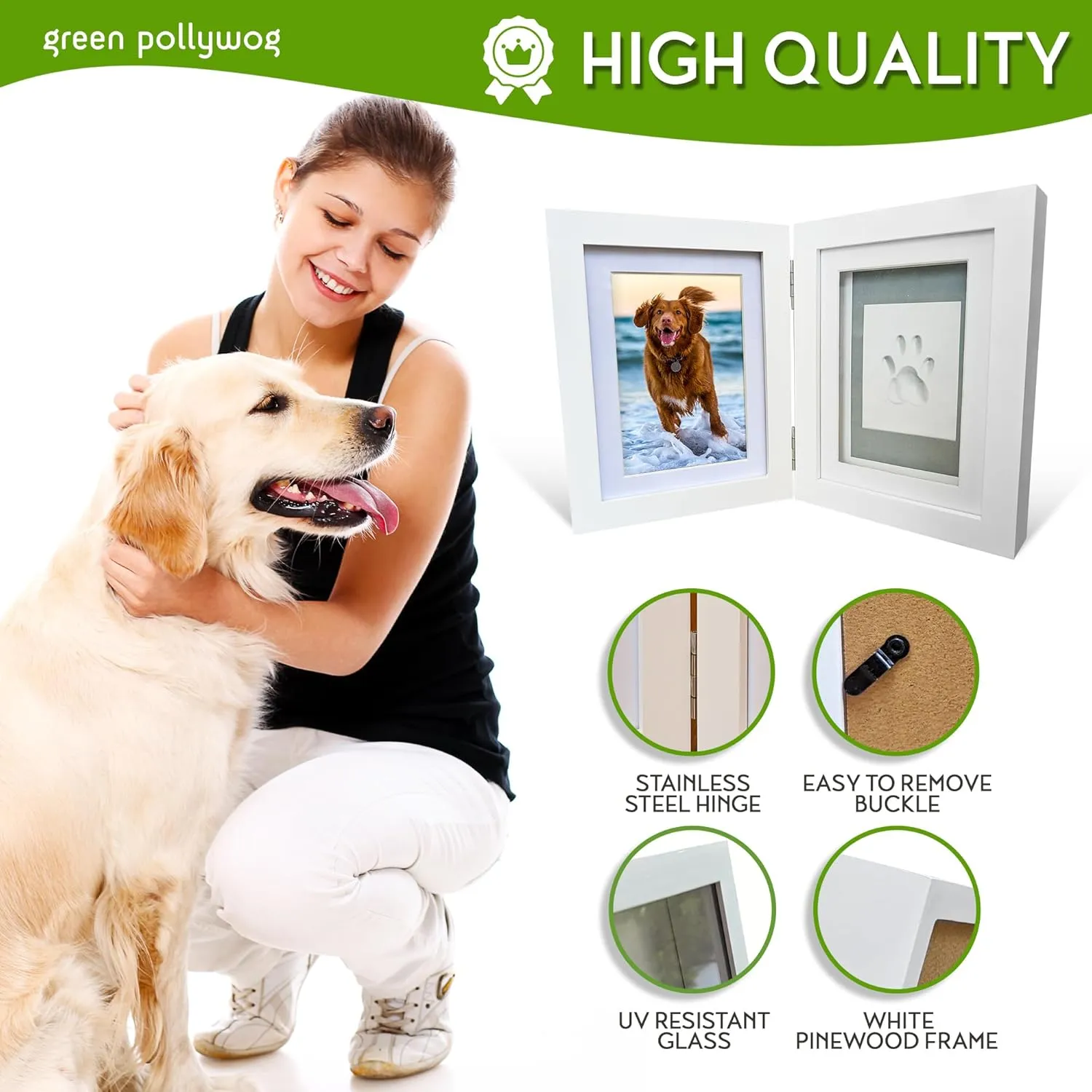 Green Pollywog | Paw Print Pet Keepsake Hinge Photo Frame   Clay Print Kit | Tabletop Photo Frame   Extra-Large Air-Dry Clay Imprint Kit | 4 x 6 Picture Openings