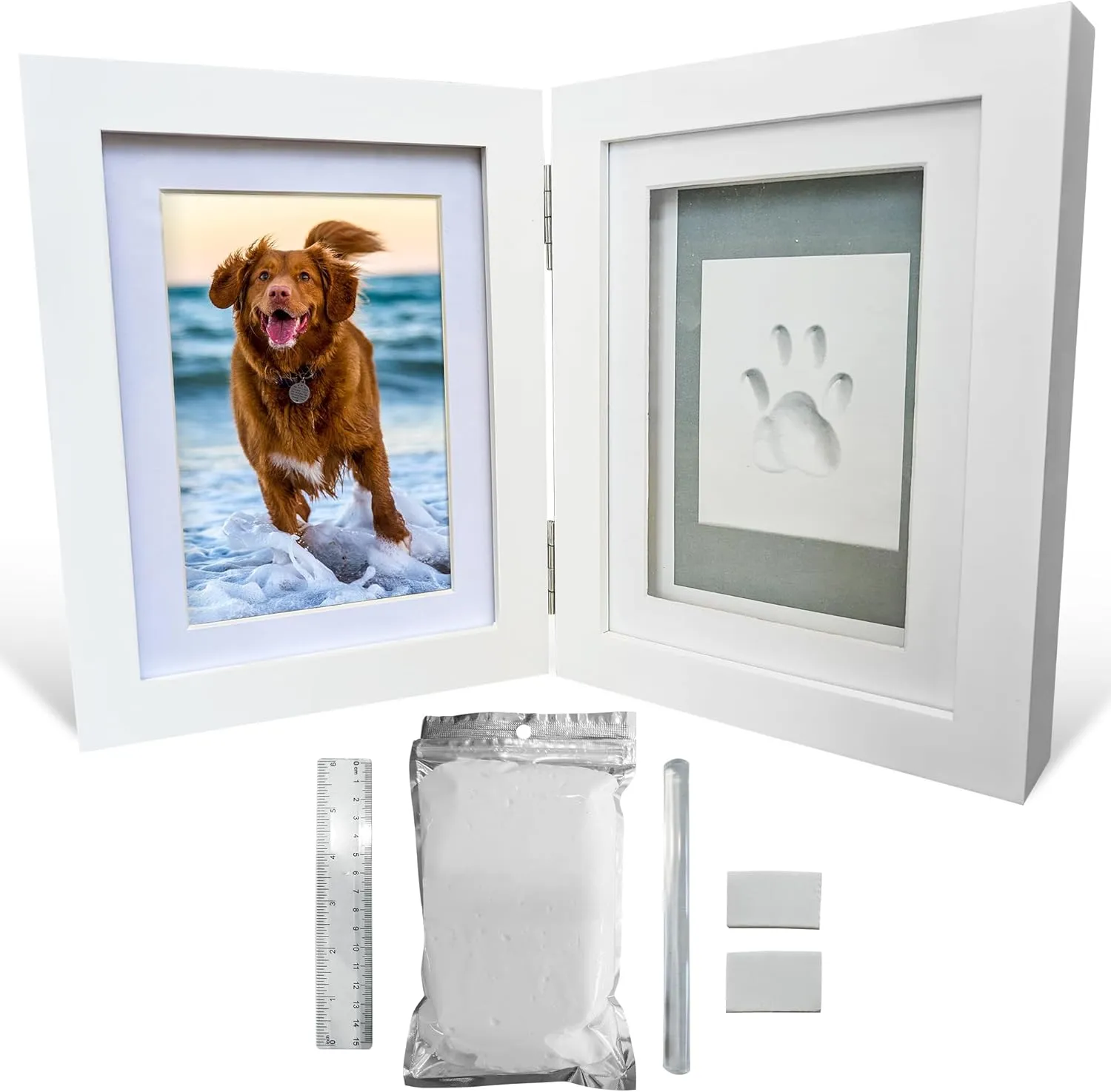 Green Pollywog | Paw Print Pet Keepsake Hinge Photo Frame   Clay Print Kit | Tabletop Photo Frame   Extra-Large Air-Dry Clay Imprint Kit | 4 x 6 Picture Openings