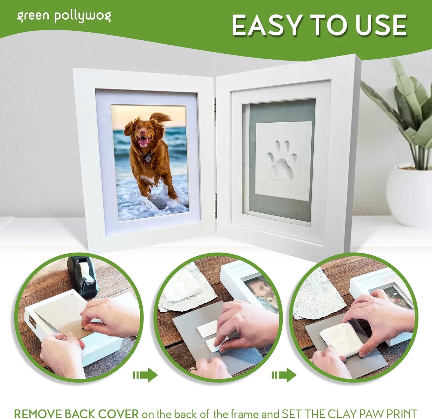 Green Pollywog | Paw Print Pet Keepsake Hinge Photo Frame   Clay Print Kit | Tabletop Photo Frame   Extra-Large Air-Dry Clay Imprint Kit | 4 x 6 Picture Openings