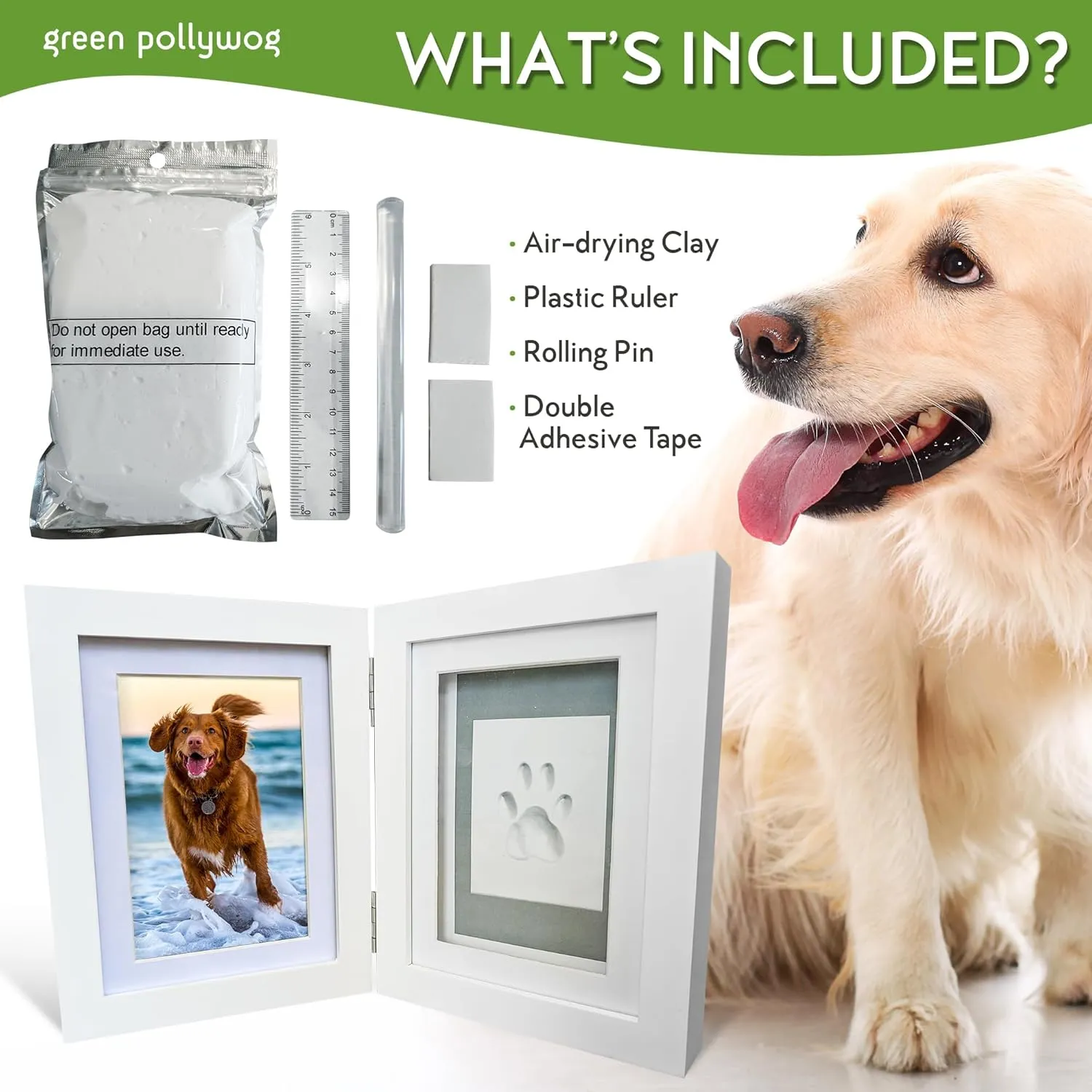 Green Pollywog | Paw Print Pet Keepsake Hinge Photo Frame   Clay Print Kit | Tabletop Photo Frame   Extra-Large Air-Dry Clay Imprint Kit | 4 x 6 Picture Openings