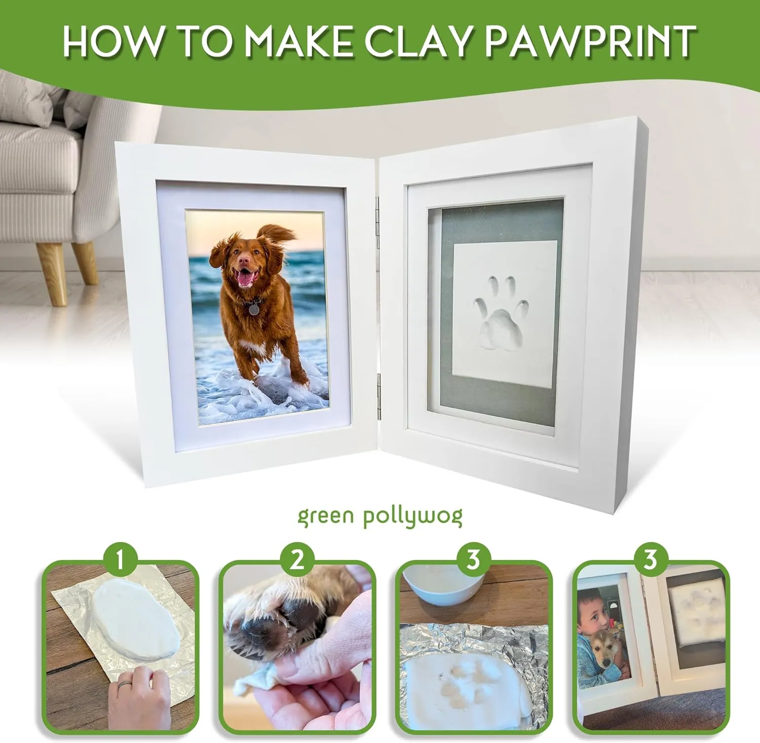Green Pollywog | Paw Print Pet Keepsake Hinge Photo Frame   Clay Print Kit | Tabletop Photo Frame   Extra-Large Air-Dry Clay Imprint Kit | 4 x 6 Picture Openings