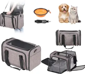 Happybuy Cat Carrier with Wheels, Airline Approved, Rolling Pet Carrier with Telescopic Handle, Shoulder Strap & Folding Bowl, Holds Pets up to 25 lbs, Grey