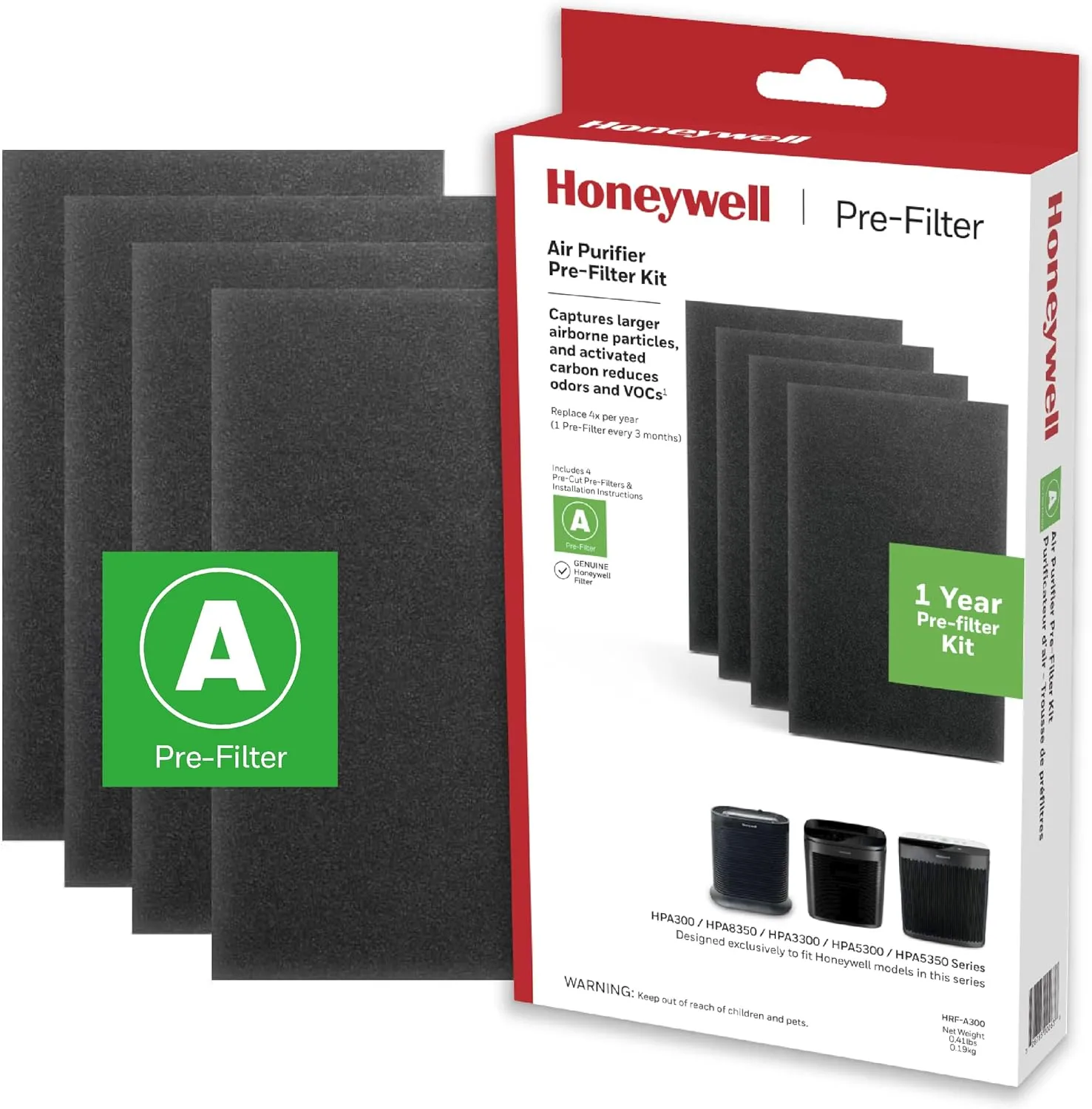 Honeywell HRF-A300 Air Purifier Pre Kit Filter, 4-Pack - Allergen Air Filter Targets Dust, VOC, Pet, Kitchen, and Wildfire/Smoke Odors