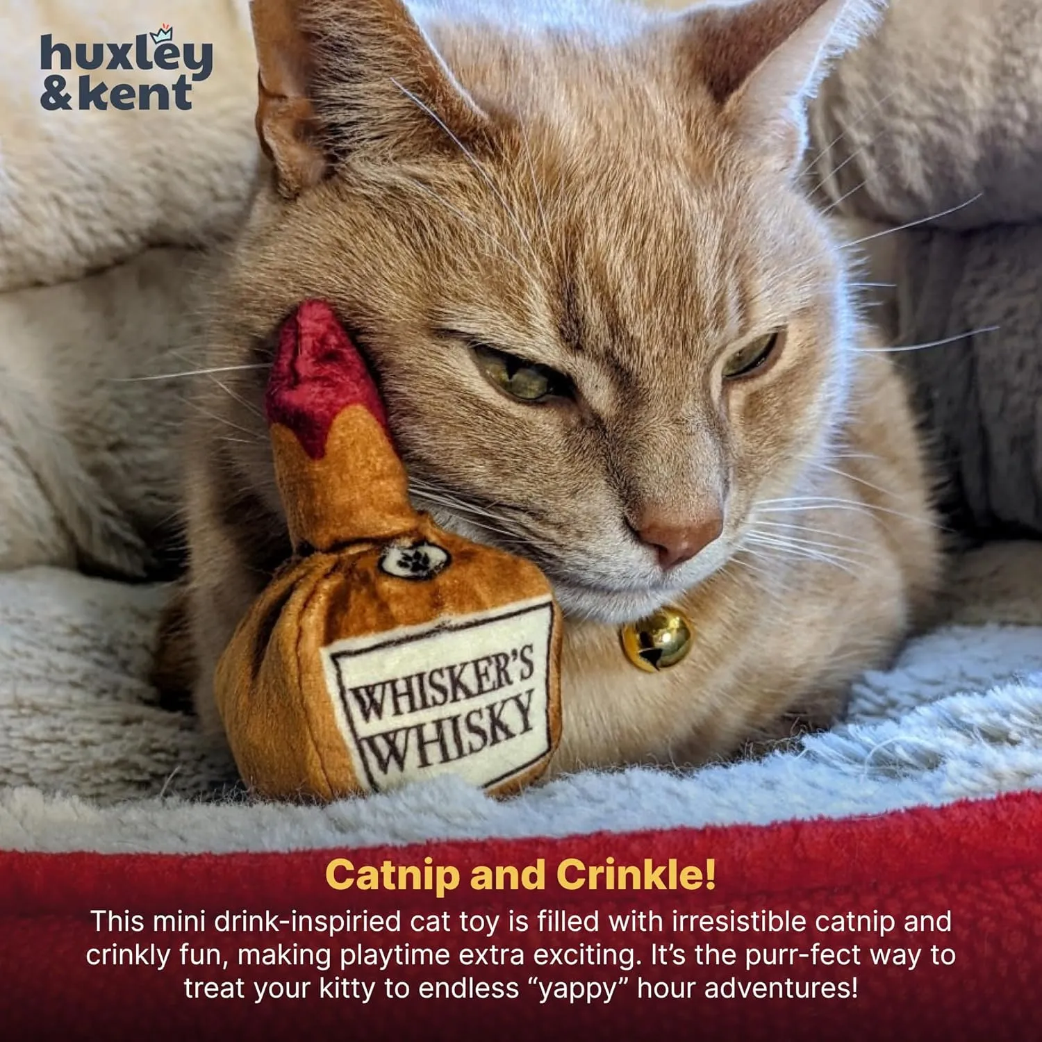 Huxley & Kent Plush Cat Toy - Whisker's Whiskey - Nappy Hour Strong Catnip Filled - Plush Interactive Kitten and Cat Toy with Catnip and Crinkle - Kittybelles