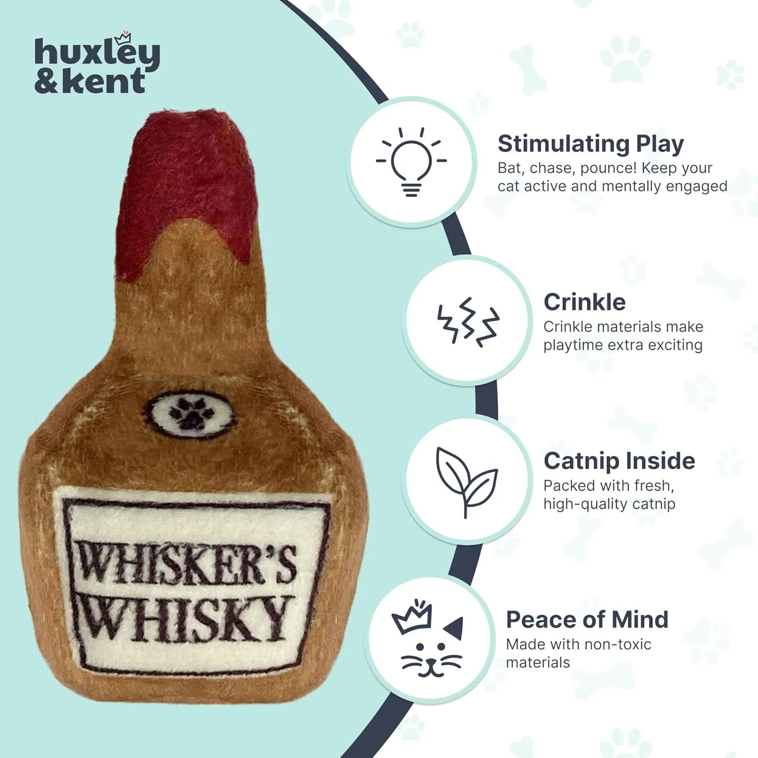 Huxley & Kent Plush Cat Toy - Whisker's Whiskey - Nappy Hour Strong Catnip Filled - Plush Interactive Kitten and Cat Toy with Catnip and Crinkle - Kittybelles