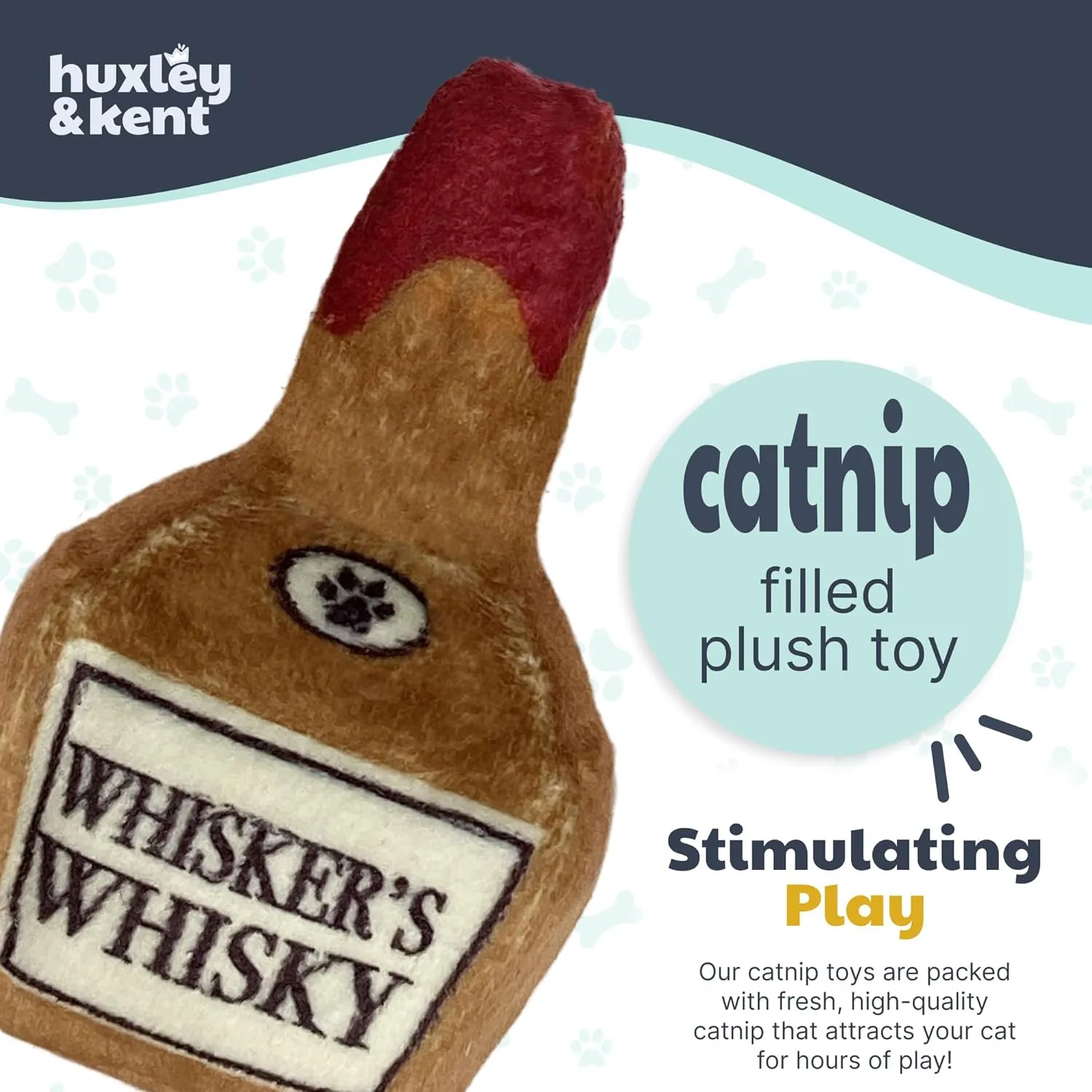 Huxley & Kent Plush Cat Toy - Whisker's Whiskey - Nappy Hour Strong Catnip Filled - Plush Interactive Kitten and Cat Toy with Catnip and Crinkle - Kittybelles