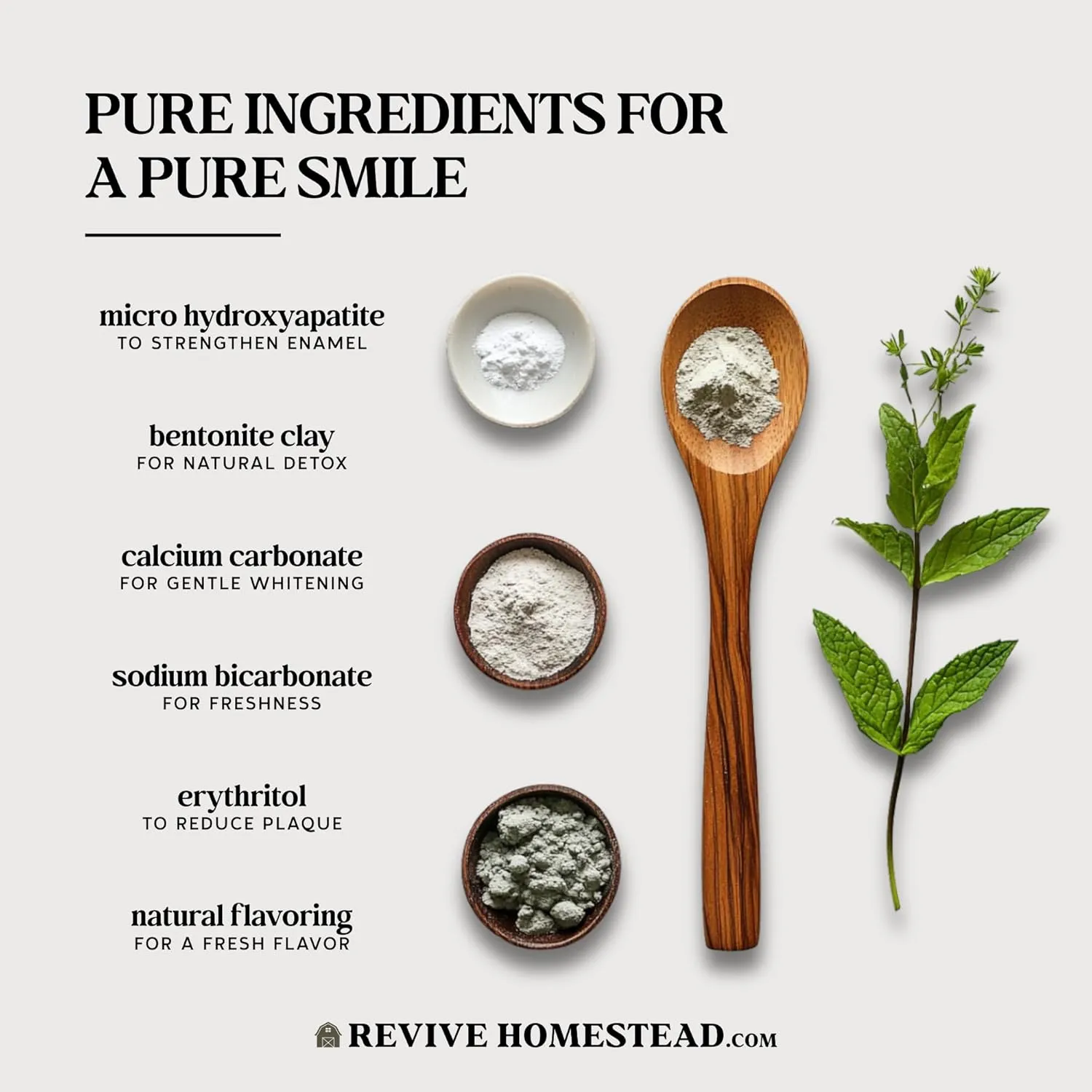 Hydroxyapatite Tooth Powder by Revive Homestead | Remineralizing Toothpaste Powder | Fluoride-Free | Whitening | Natural | 2 oz Amber Glass Jar (with Erythritol) (Peppermint)