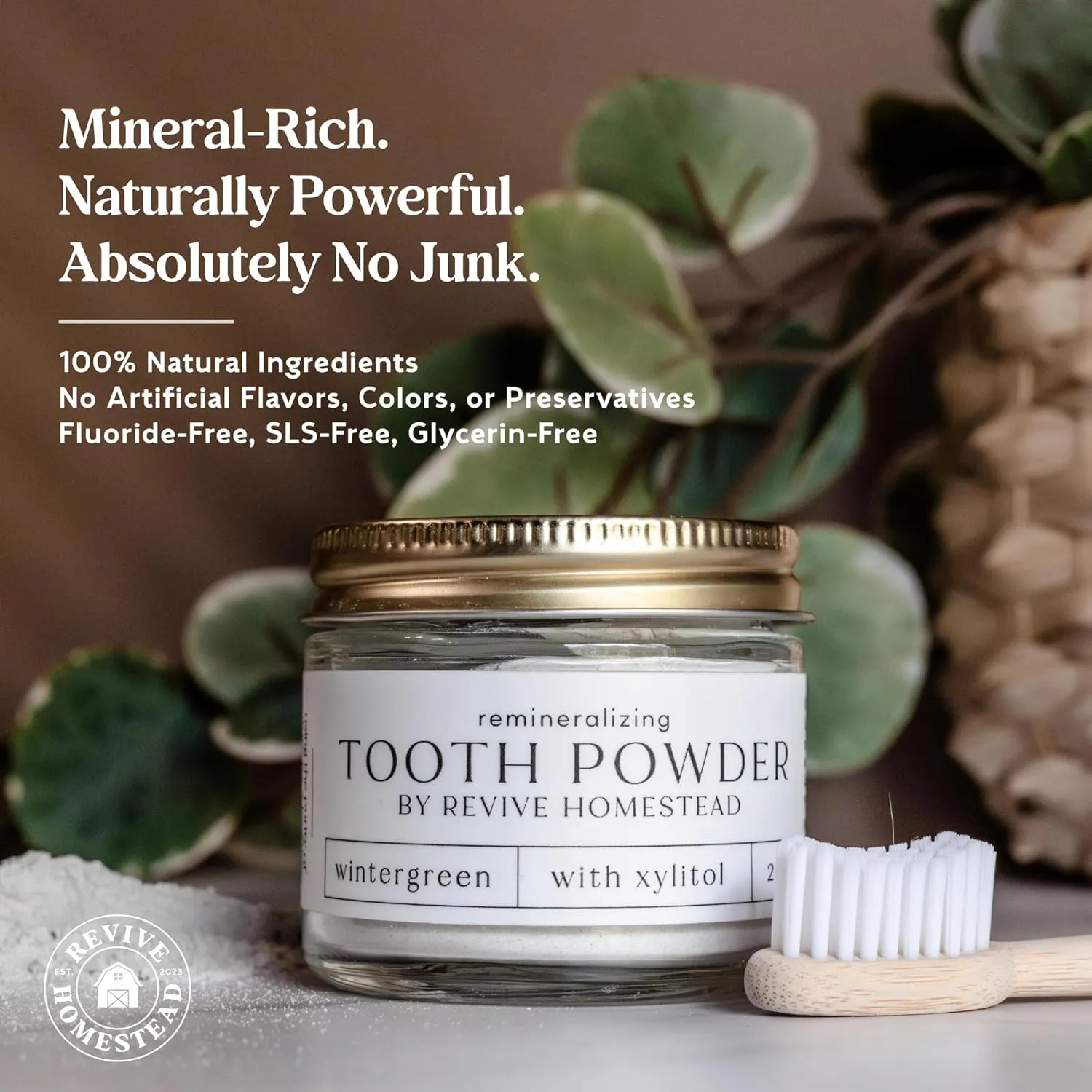Hydroxyapatite Tooth Powder by Revive Homestead | Remineralizing Toothpaste Powder | Fluoride-Free | Whitening | Natural | 2 oz Amber Glass Jar (with Erythritol) (Peppermint)