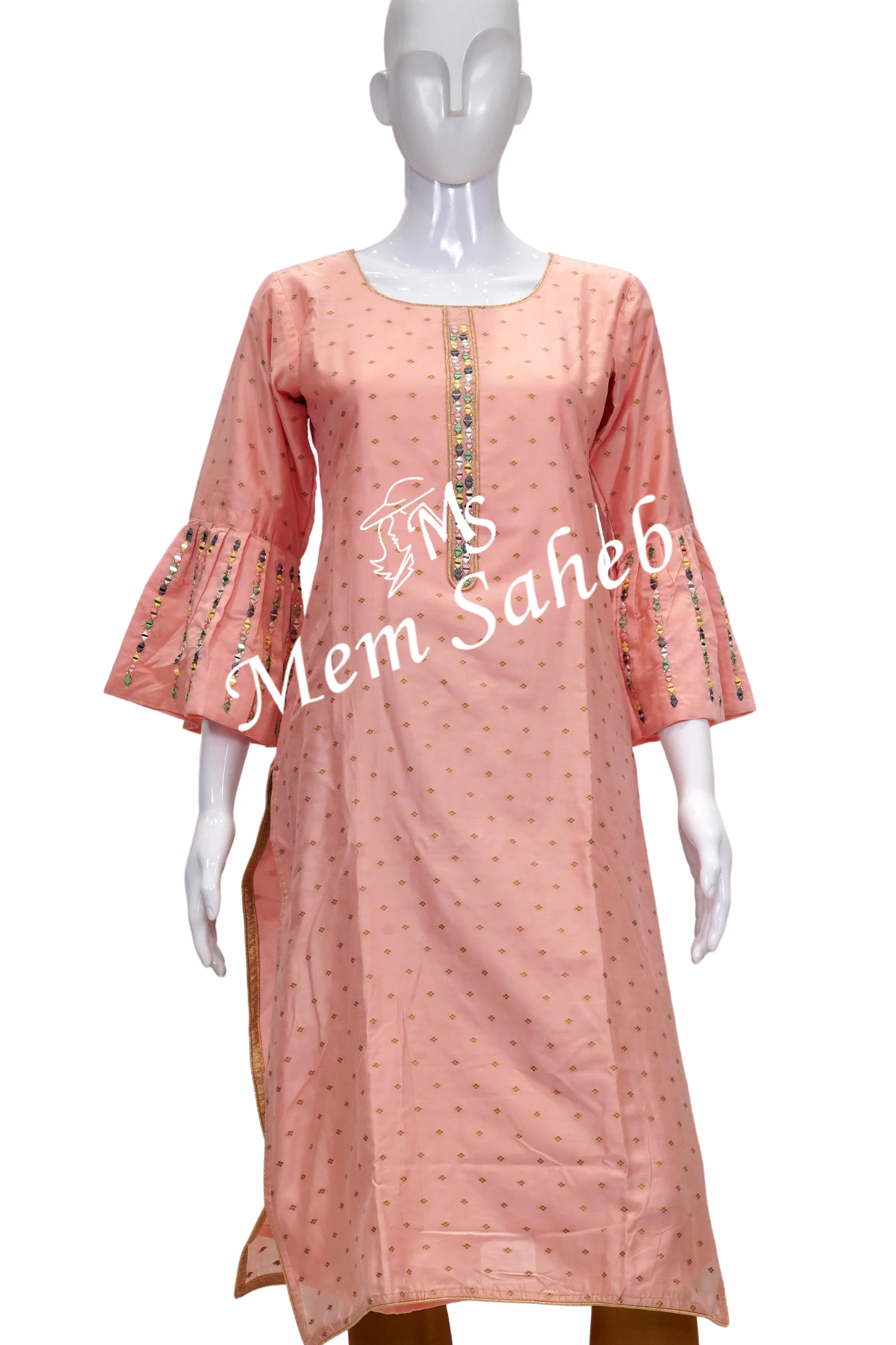 Kurti Peach Silk with Mirror work on Designer Bell Sleeves