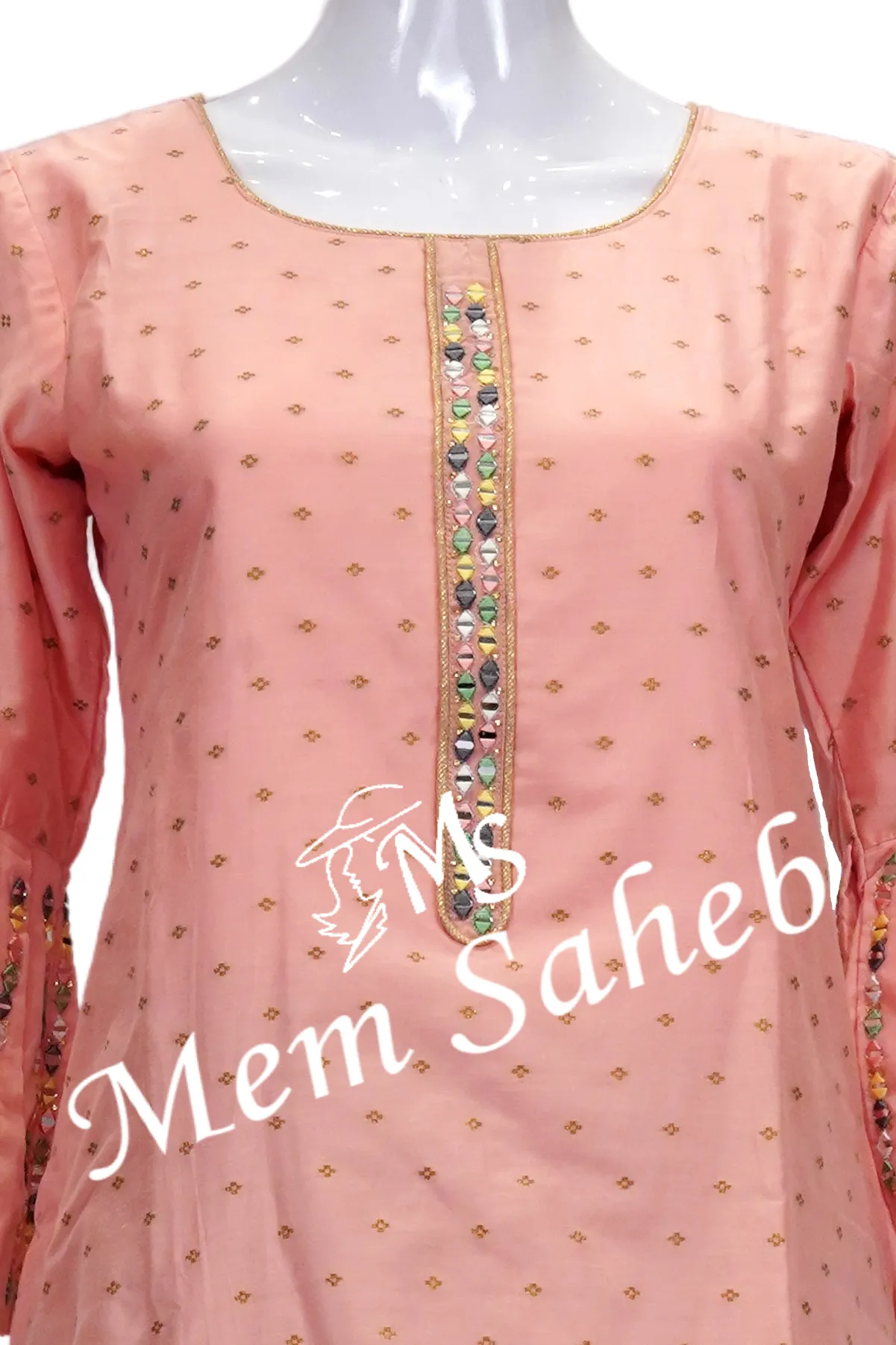 Kurti Peach Silk with Mirror work on Designer Bell Sleeves