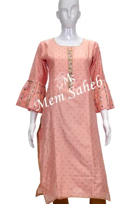 Kurti Peach Silk with Mirror work on Designer Bell Sleeves