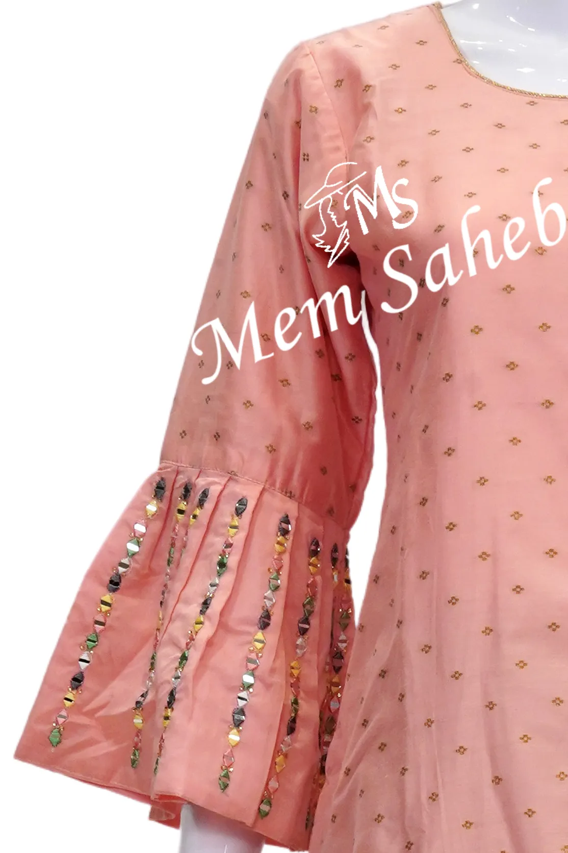 Kurti Peach Silk with Mirror work on Designer Bell Sleeves