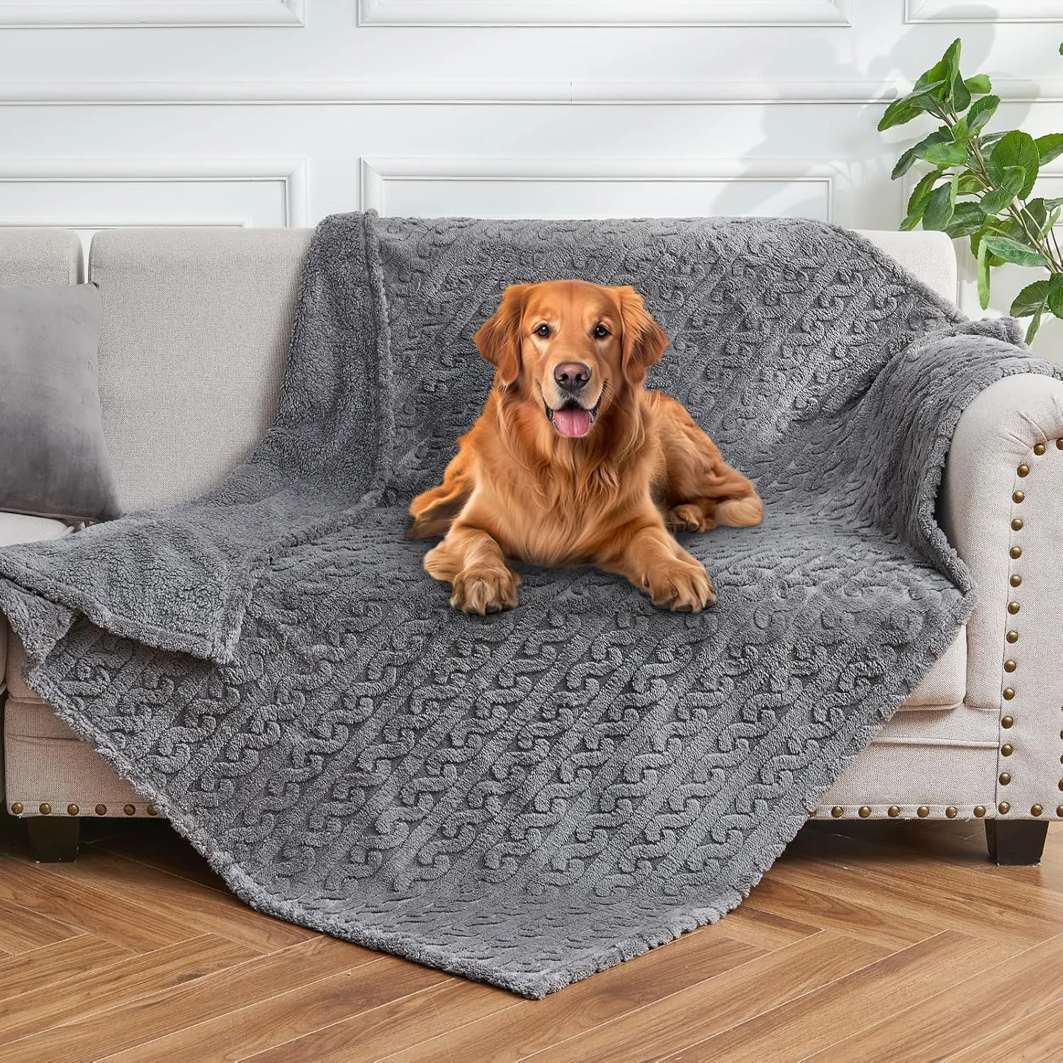 lifein Waterproof Dog Blankets for Dogs - Calming Cat Blanket for Couch Protector Washable, Long Faux Fur Pet Throw Blanket for Large/Small Dogs/Puppy,Furniture Protection (Grey, 65 * 57inches)