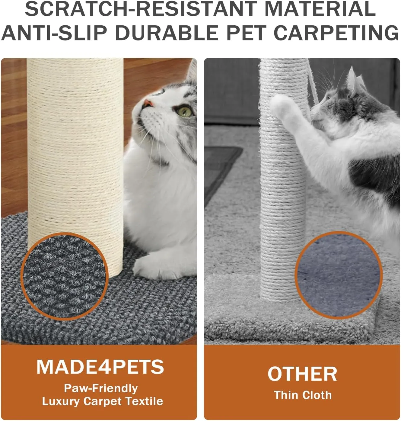 Made4Pets Cat Scratching Post 23.6", Tall Scratching Posts for Indoor Cats Adults, Natural Sisal Rope Cat Scratcher with Replacement Hanging Balls, 4.3 Inches Thick Cat Scratch Post, Dark Grey