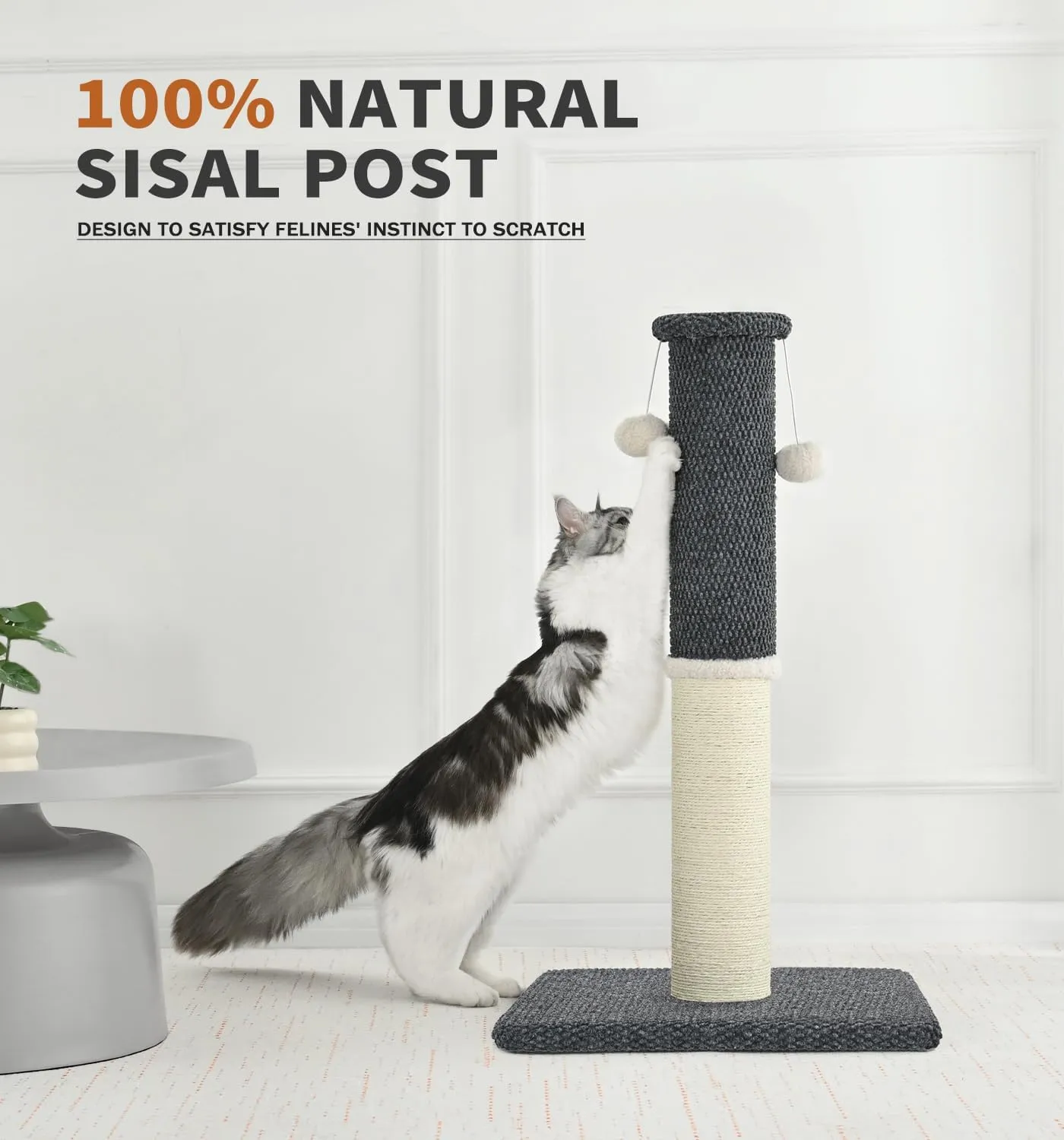 Made4Pets Cat Scratching Post 23.6", Tall Scratching Posts for Indoor Cats Adults, Natural Sisal Rope Cat Scratcher with Replacement Hanging Balls, 4.3 Inches Thick Cat Scratch Post, Dark Grey