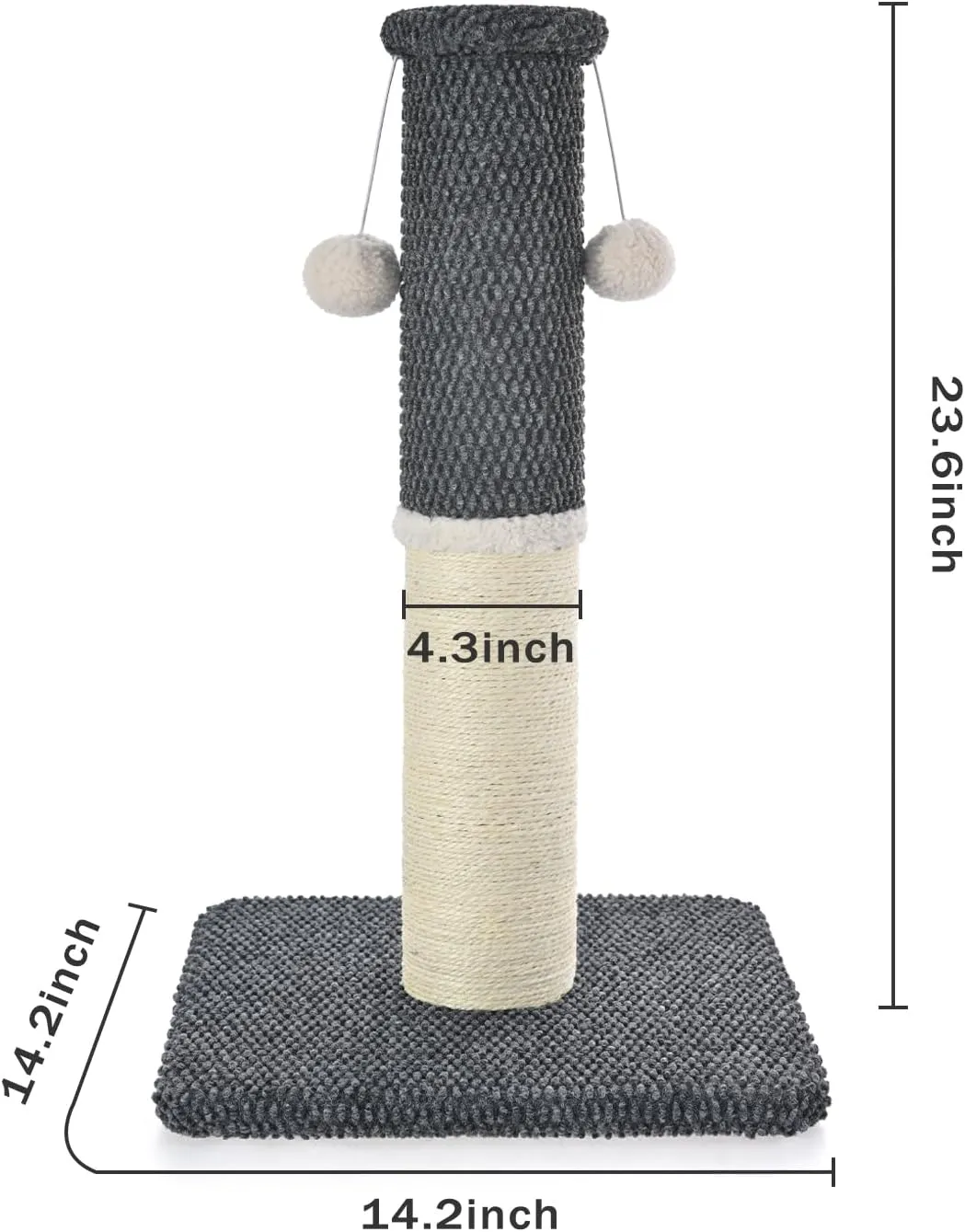 Made4Pets Cat Scratching Post 23.6", Tall Scratching Posts for Indoor Cats Adults, Natural Sisal Rope Cat Scratcher with Replacement Hanging Balls, 4.3 Inches Thick Cat Scratch Post, Dark Grey
