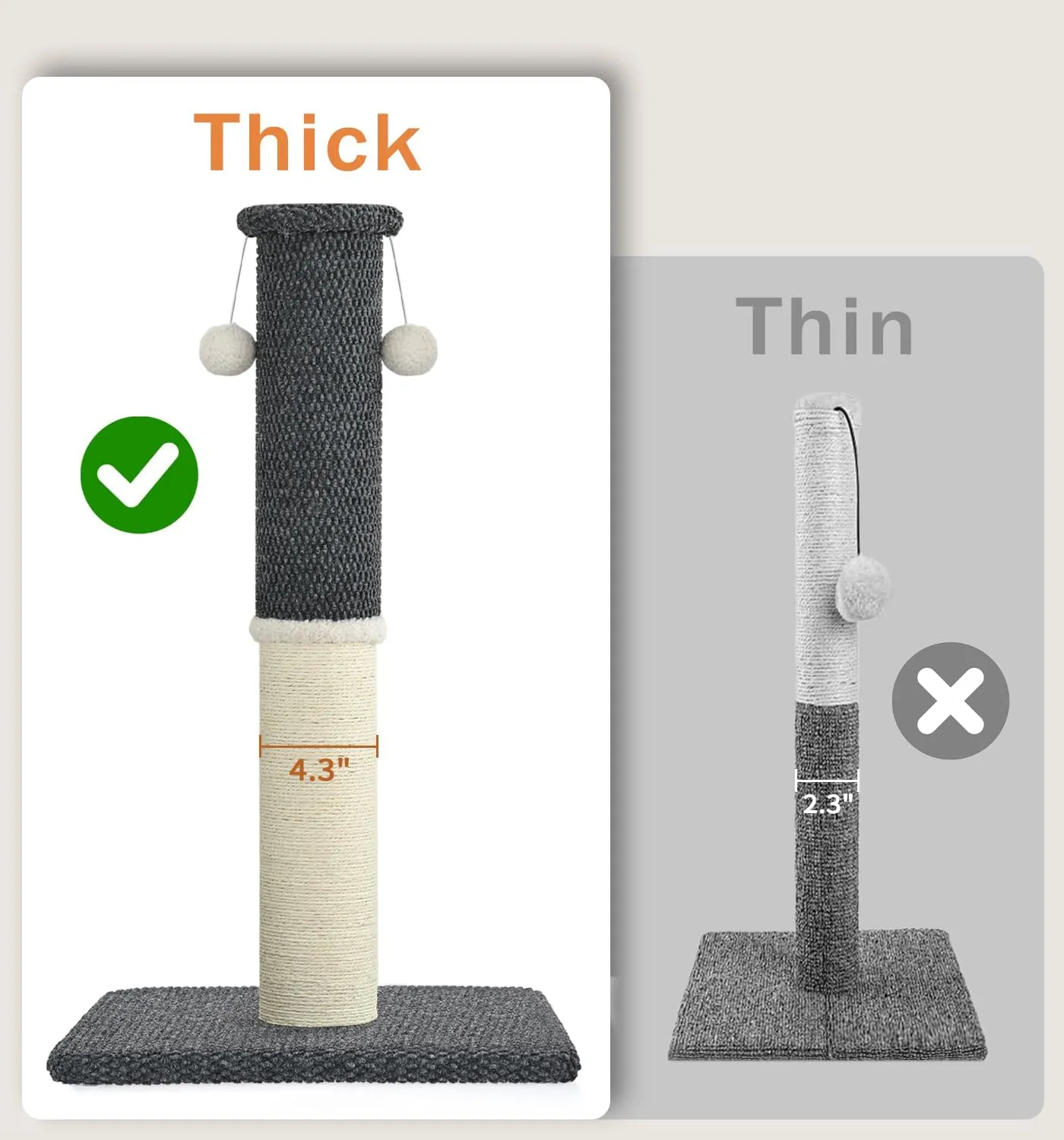 Made4Pets Cat Scratching Post 23.6", Tall Scratching Posts for Indoor Cats Adults, Natural Sisal Rope Cat Scratcher with Replacement Hanging Balls, 4.3 Inches Thick Cat Scratch Post, Dark Grey
