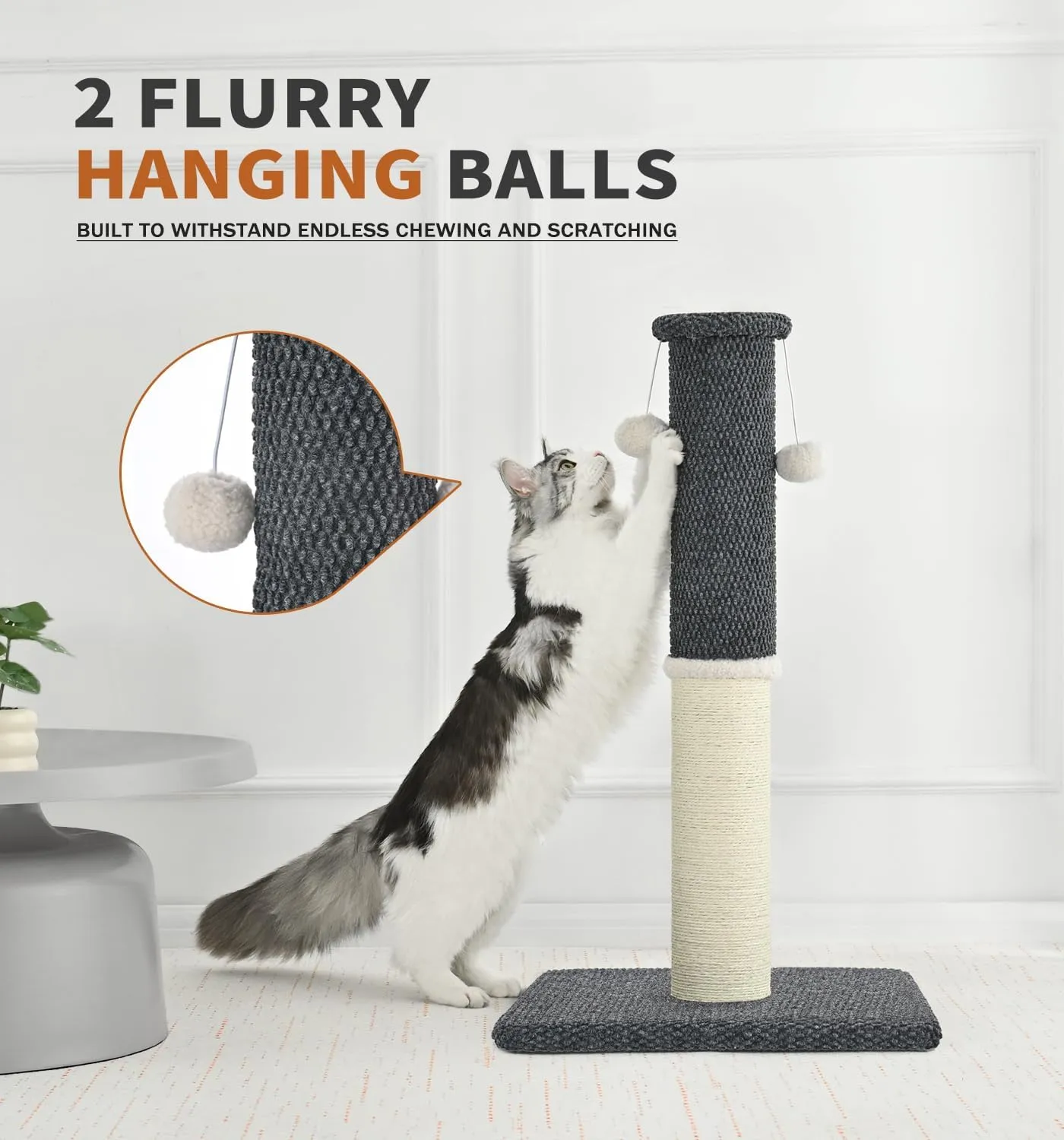 Made4Pets Cat Scratching Post 23.6", Tall Scratching Posts for Indoor Cats Adults, Natural Sisal Rope Cat Scratcher with Replacement Hanging Balls, 4.3 Inches Thick Cat Scratch Post, Dark Grey