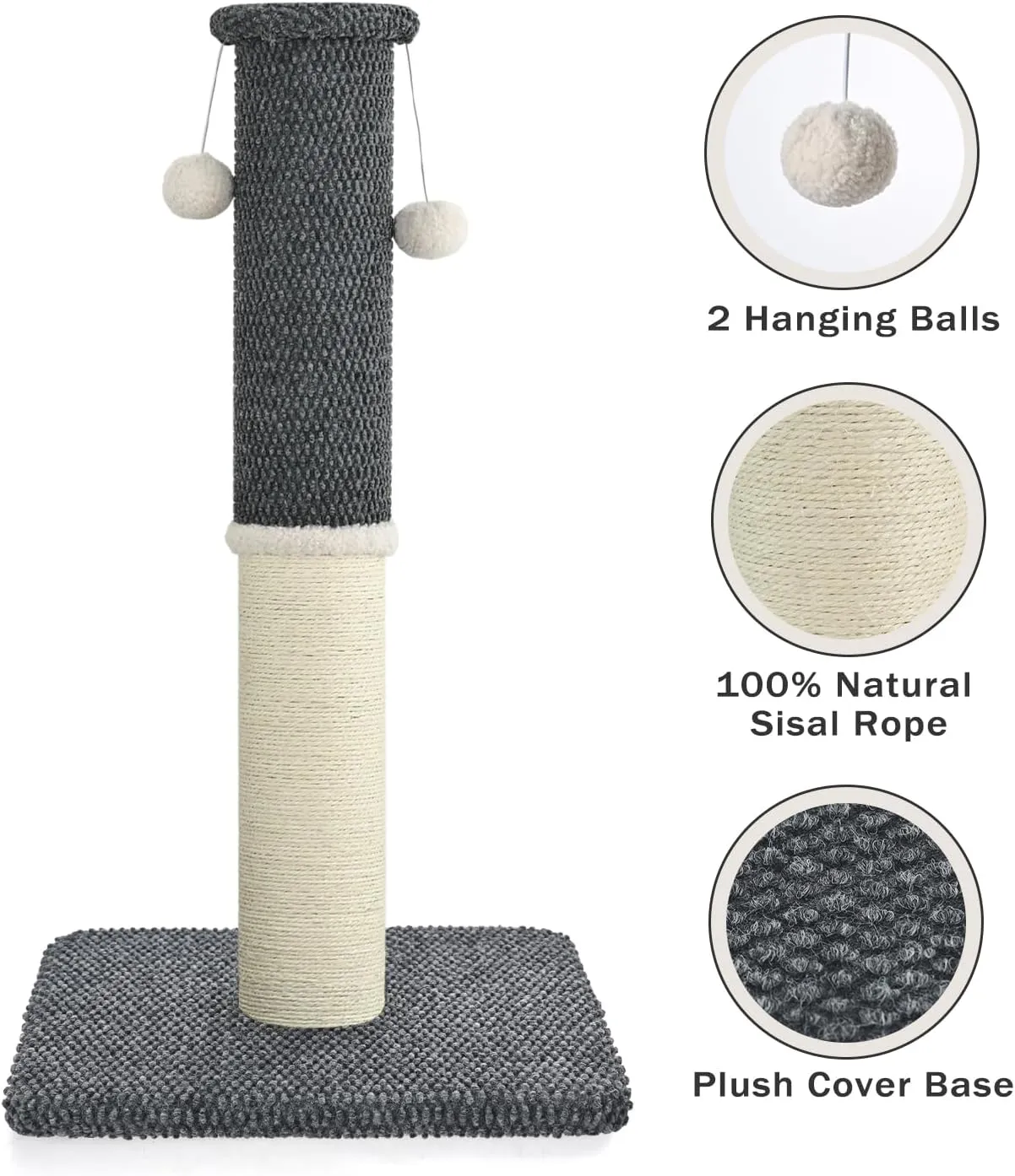 Made4Pets Cat Scratching Post 23.6", Tall Scratching Posts for Indoor Cats Adults, Natural Sisal Rope Cat Scratcher with Replacement Hanging Balls, 4.3 Inches Thick Cat Scratch Post, Dark Grey