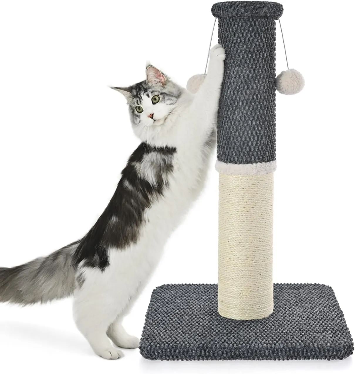 Made4Pets Cat Scratching Post 23.6", Tall Scratching Posts for Indoor Cats Adults, Natural Sisal Rope Cat Scratcher with Replacement Hanging Balls, 4.3 Inches Thick Cat Scratch Post, Dark Grey