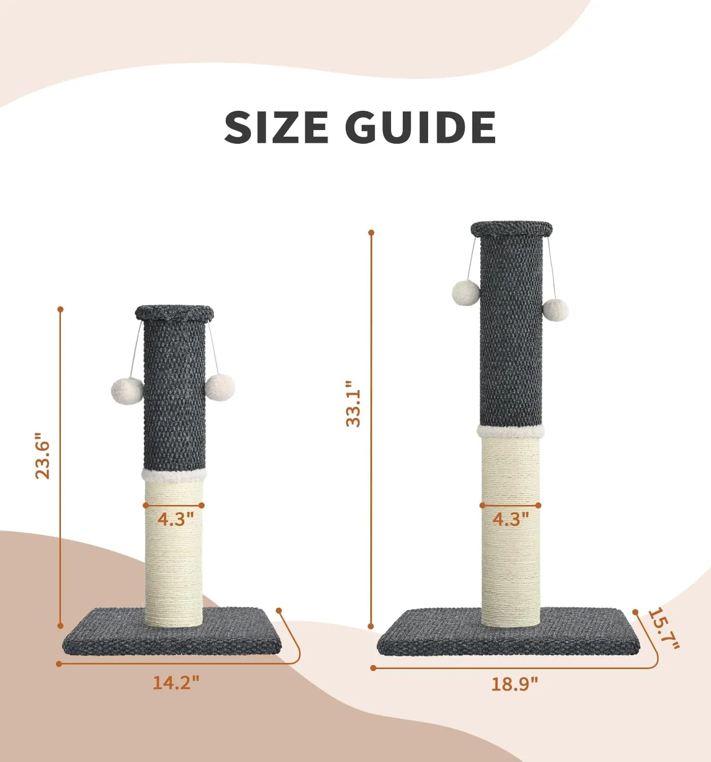 Made4Pets Cat Scratching Post 23.6", Tall Scratching Posts for Indoor Cats Adults, Natural Sisal Rope Cat Scratcher with Replacement Hanging Balls, 4.3 Inches Thick Cat Scratch Post, Dark Grey