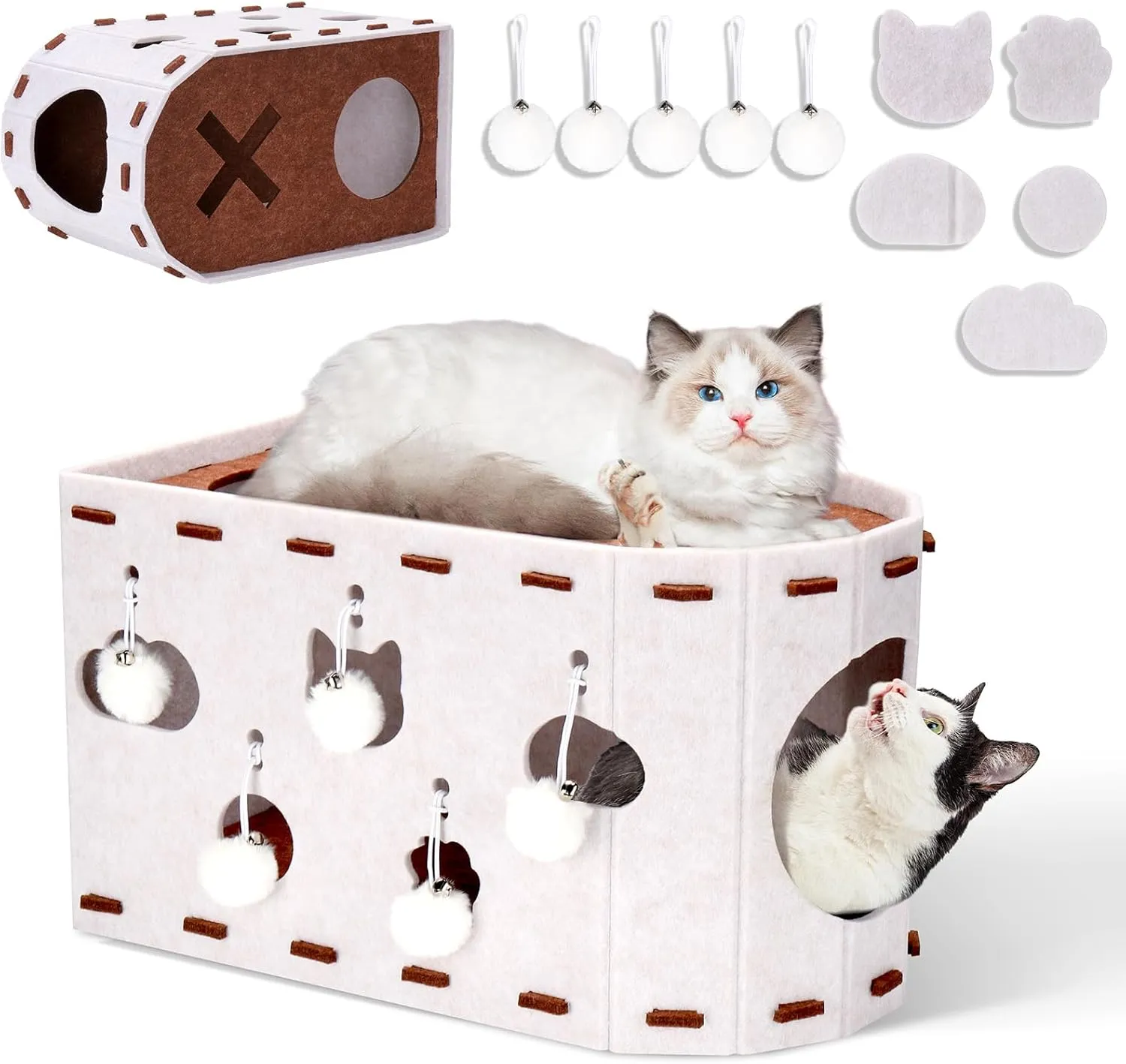 Mity Rain Cat House for Indoor Cats, Foldable Felt Bed Cave with Tunnel & Cat Ball Toy, Large Cat Bed Up to 22lbs, Soft & Warm Cat Beds & Furniture for Indoor Kitten Adult Cats