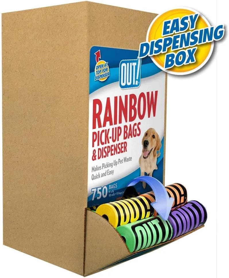 OUT! Dog Waste Bags with Leash Bag Dispenser  Rainbow Colored  Strong, Leak-Proof Poop Bags  Includes Easy Dispensing Box  750 Count