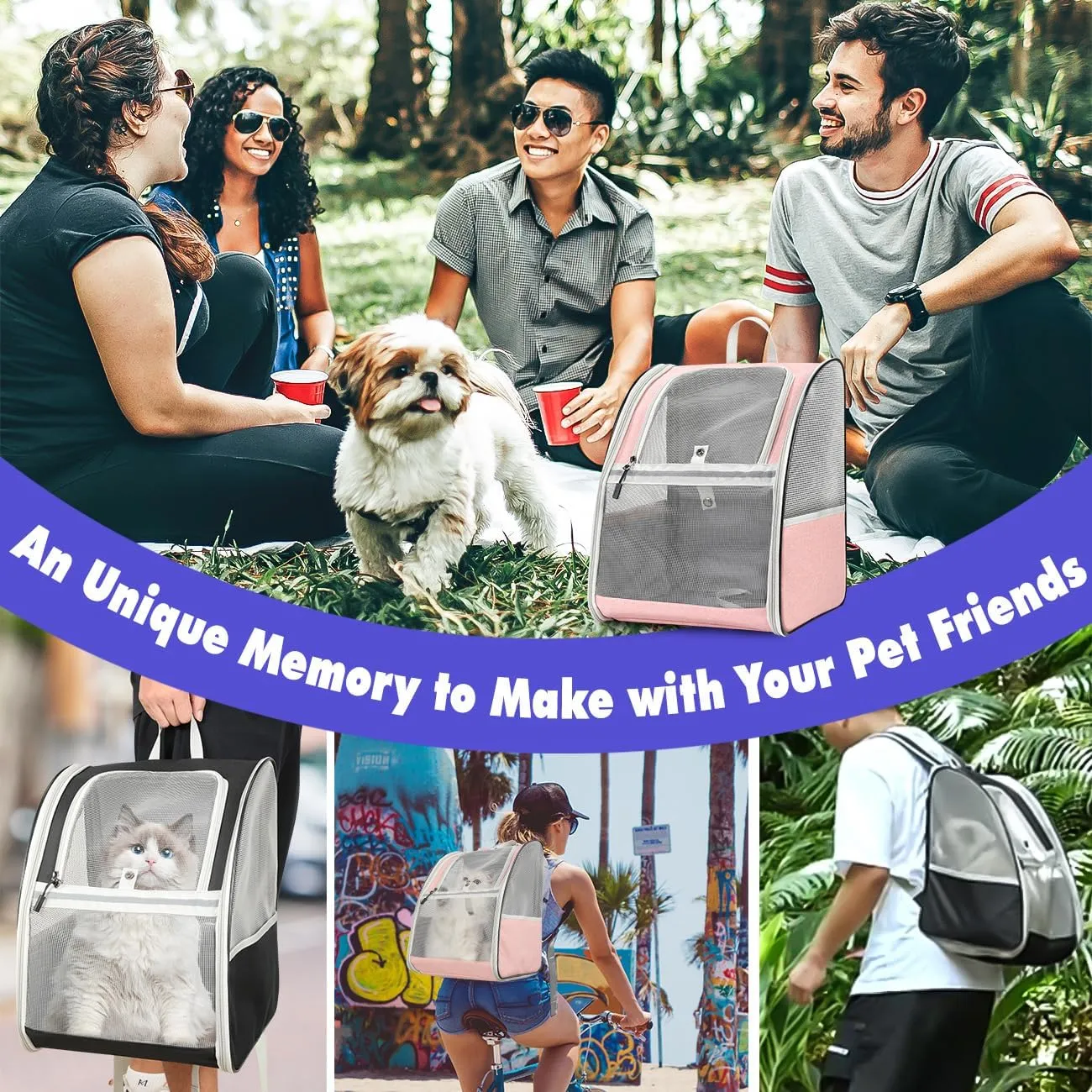 Pawaboo Cat Carrier Backpack, Pet Carrier Backpack for Kitties Small Dogs Puppies, Breathable Cat Bag Carrier, Small Dog Travel Backpack Carrier for Kitten Puppy Bunny - Pink (up to 22lbs)