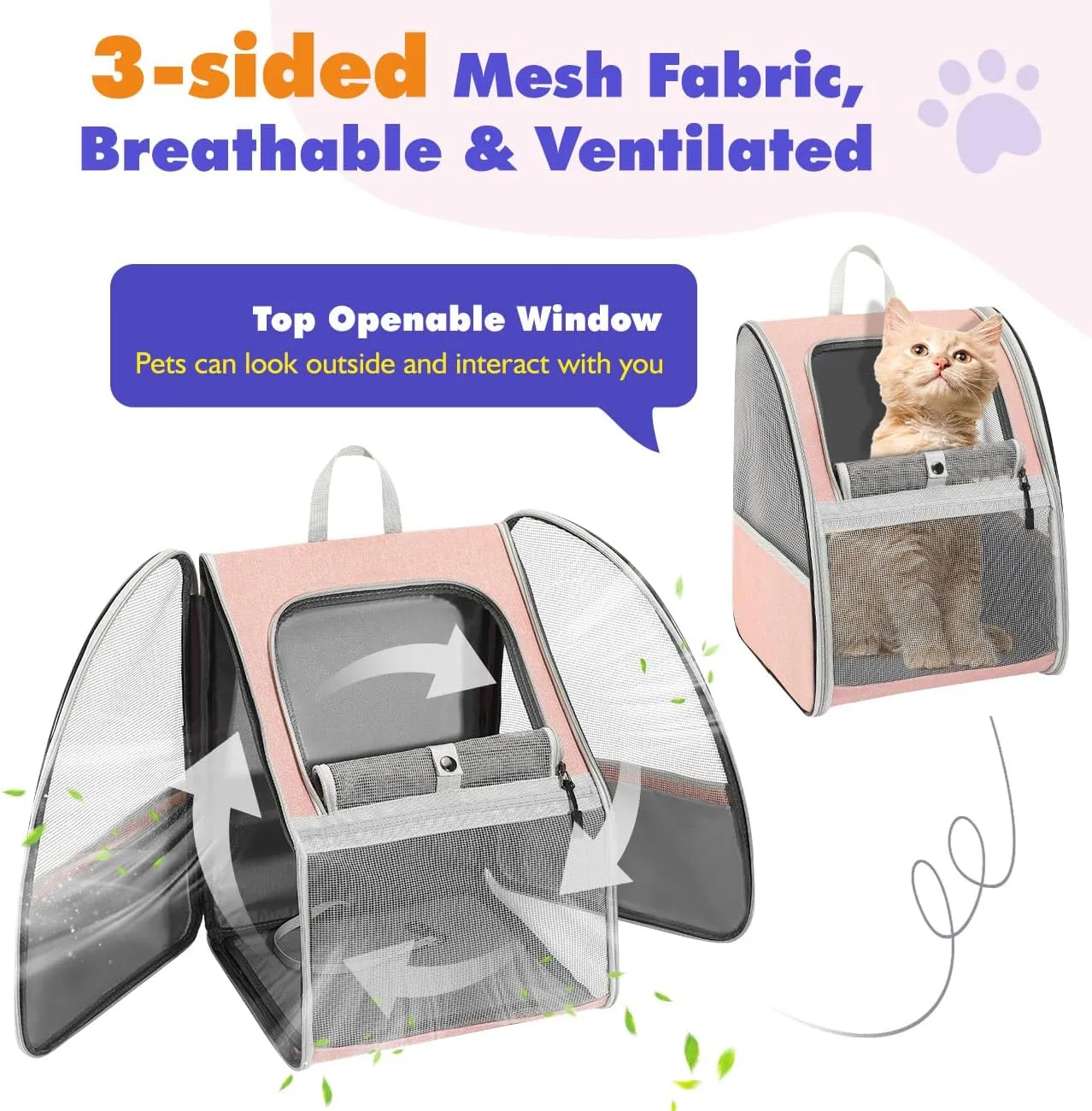 Pawaboo Cat Carrier Backpack, Pet Carrier Backpack for Kitties Small Dogs Puppies, Breathable Cat Bag Carrier, Small Dog Travel Backpack Carrier for Kitten Puppy Bunny - Pink (up to 22lbs)