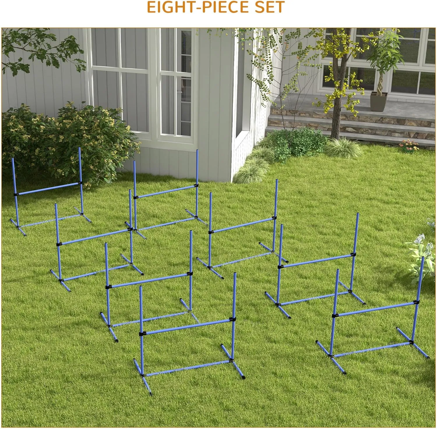 PawHut 8 Piece Dog Agility Training Equipment for Dog Agility Course with Adjustable Height Jump Bars, Included Carry Bag, & Displacing Top Bar, Blue
