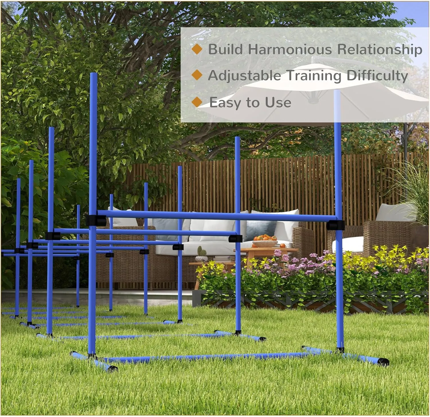 PawHut 8 Piece Dog Agility Training Equipment for Dog Agility Course with Adjustable Height Jump Bars, Included Carry Bag, & Displacing Top Bar, Blue