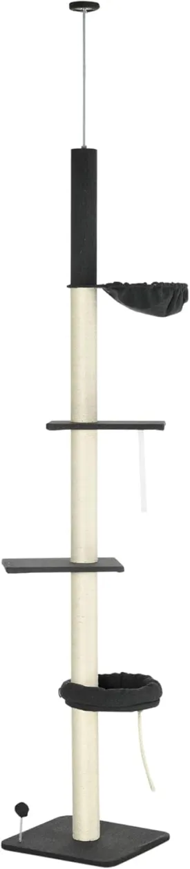 PawHut Floor to Ceiling Cat Tree, 5-Tier Cat Climbing Tower, 95''-106'' Height Adjustable with Carpeted Platforms, Cozy Bed, Hammock, Scratching Post & Toy Ball for Indoor Cats, Black and Cream