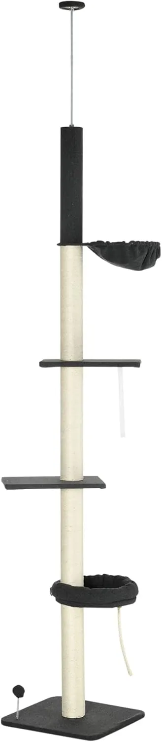 PawHut Floor to Ceiling Cat Tree, 5-Tier Cat Climbing Tower, 95''-106'' Height Adjustable with Carpeted Platforms, Cozy Bed, Hammock, Scratching Post & Toy Ball for Indoor Cats, Black and Cream