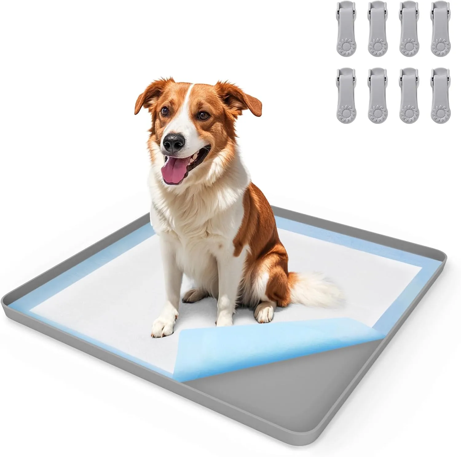 Pee Pad Holder for Dog, 24"  24" Puppy Pad Holder with Clamps, Raised Edges Leak-Proof Dog Pee Pads Holders, Waterproof Silicone Potty Pads for Dogs, Easy to Clean Indoor, Gray