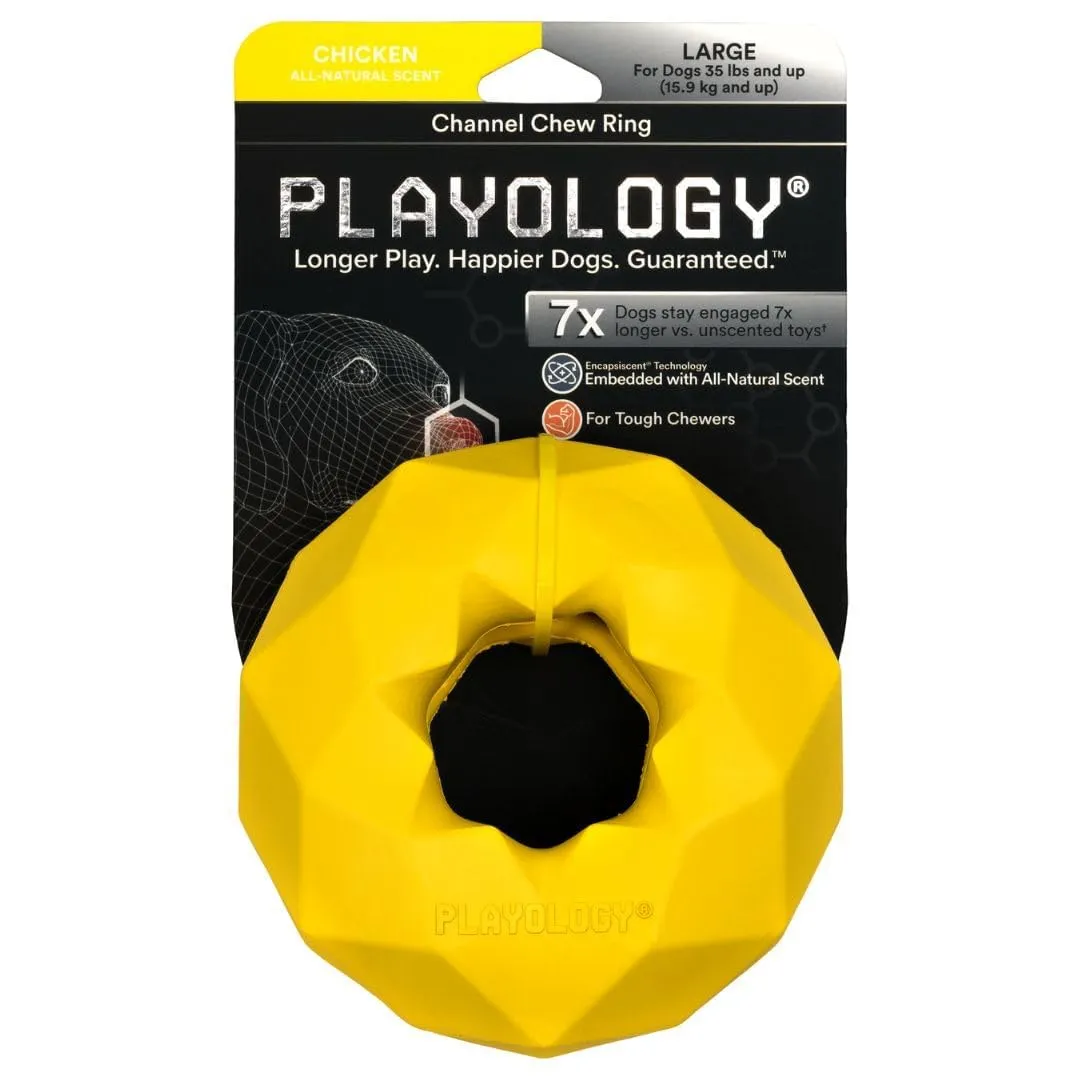 Playology Chicken Scented Channel Chew Ring Rubber Dog Toy with Encapsiscent Technology - Large