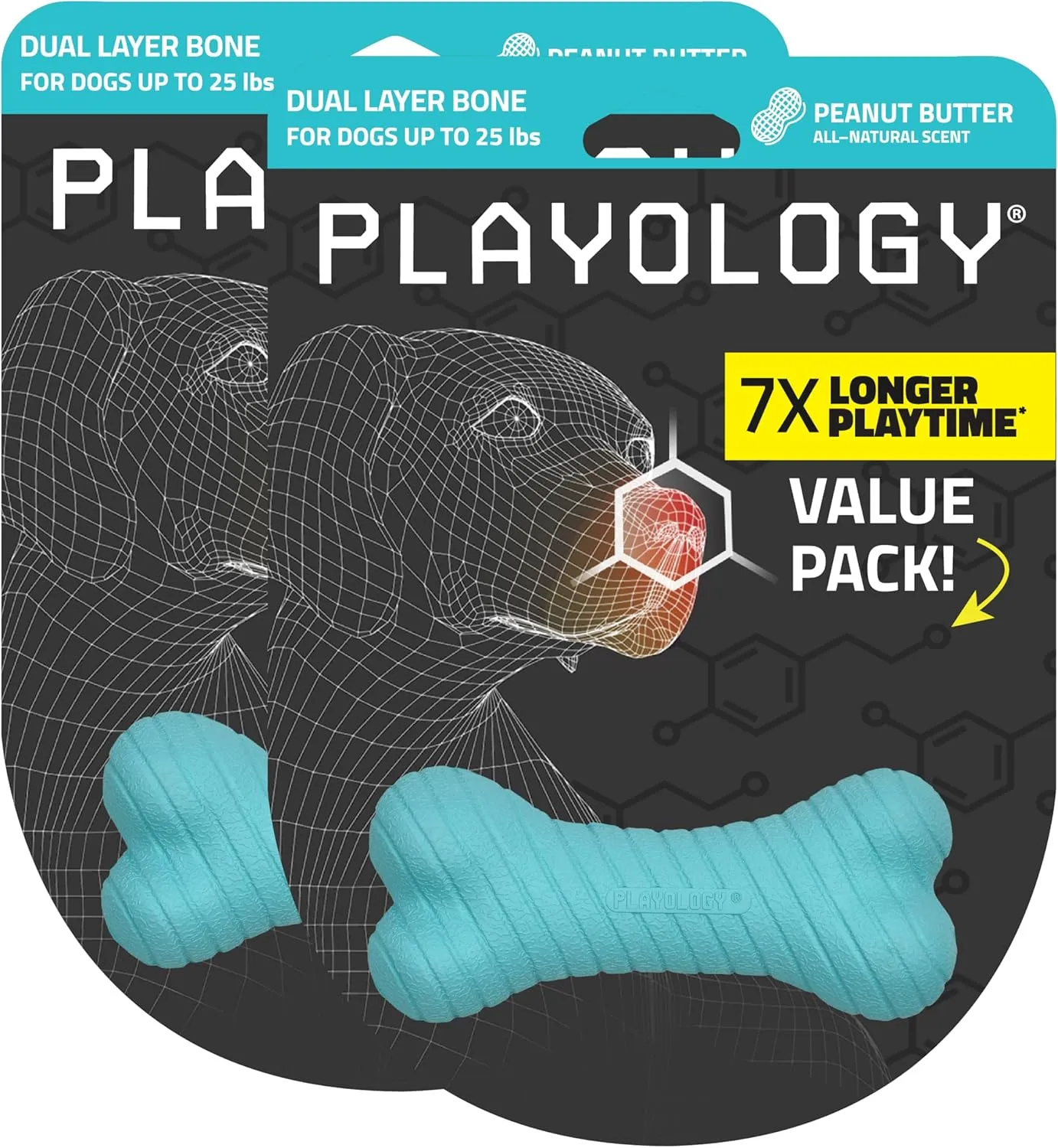 Playology Dual Layer Bone | Engaging All Natural Peanut Butter Scented Dog Toys, Value 2-Pack | Blue Bone for Small Dogs up to 25lbs | Interactive & Durable for Tough Chewers
