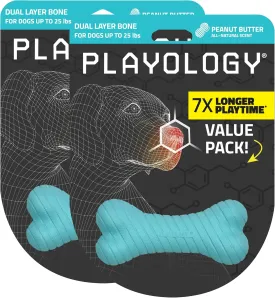Playology Dual Layer Bone | Engaging All Natural Peanut Butter Scented Dog Toys, Value 2-Pack | Blue Bone for Small Dogs up to 25lbs | Interactive & Durable for Tough Chewers