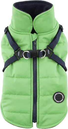 Puppia Mountaineer Winter Dog Coat with integrated harness No Pull Cold Weather Waterproof Warm Fleece Back Zipper for Small & Medium Dog, GREEN, Medium
