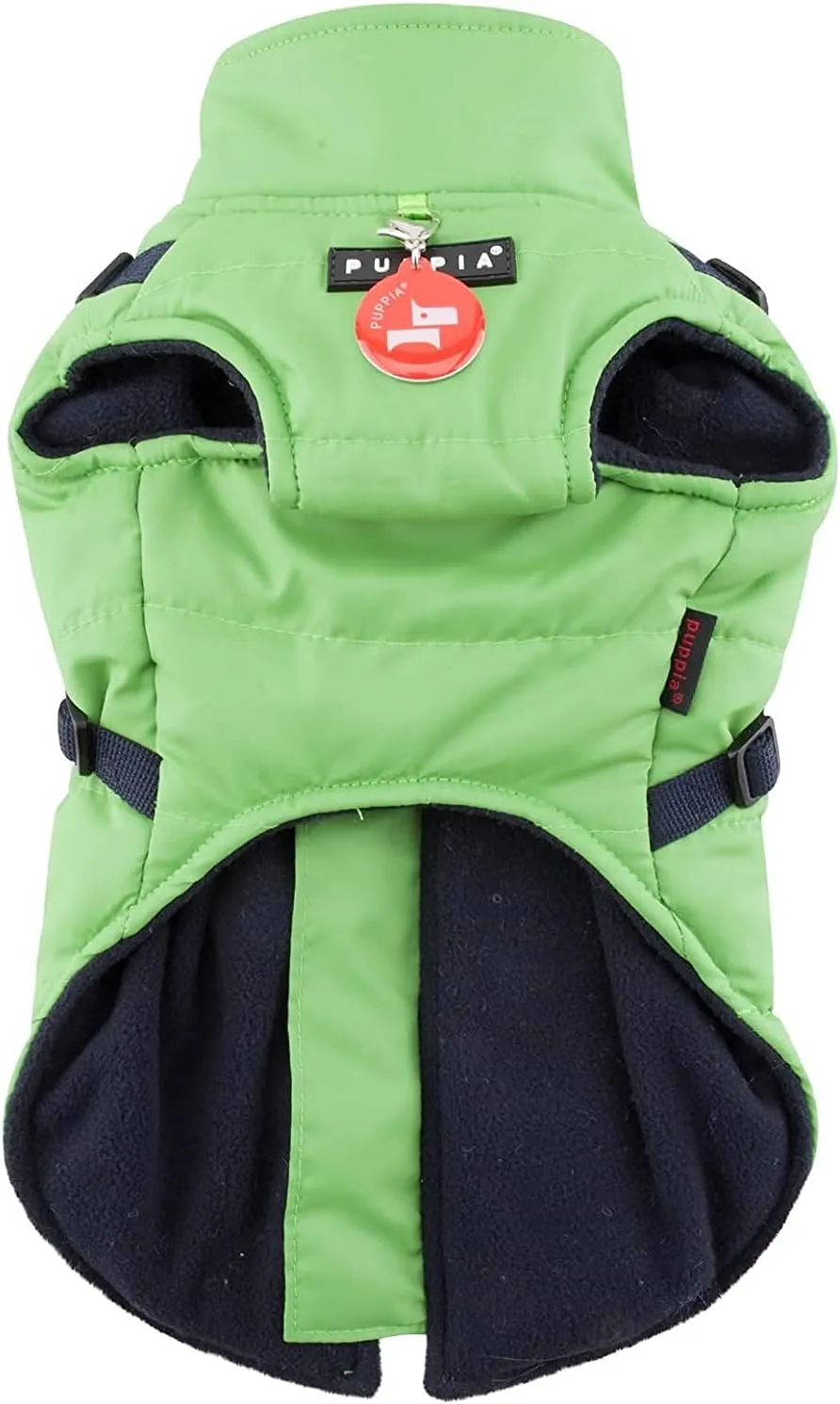 Puppia Mountaineer Winter Dog Coat with integrated harness No Pull Cold Weather Waterproof Warm Fleece Back Zipper for Small & Medium Dog, GREEN, Medium