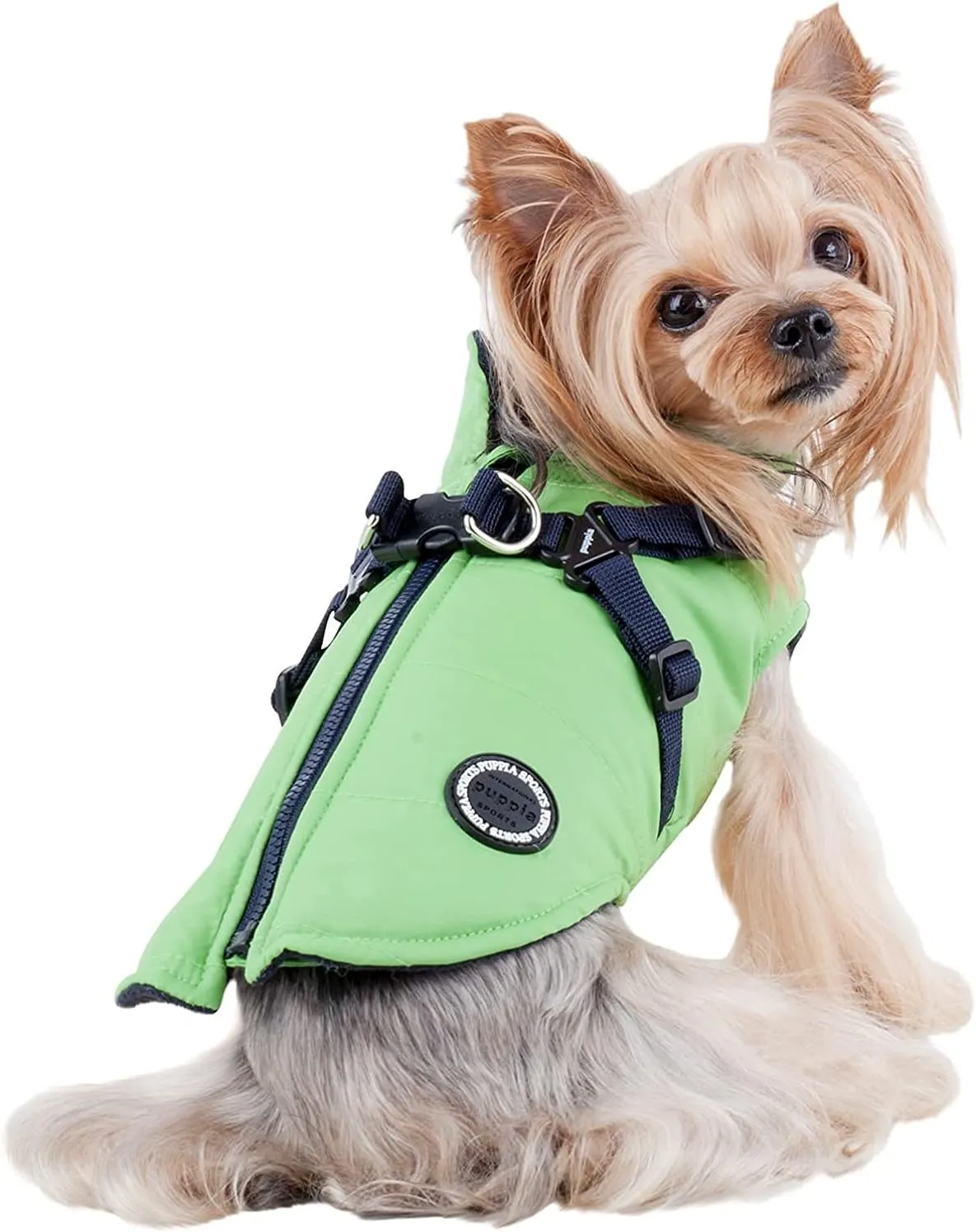 Puppia Mountaineer Winter Dog Coat with integrated harness No Pull Cold Weather Waterproof Warm Fleece Back Zipper for Small & Medium Dog, GREEN, Medium