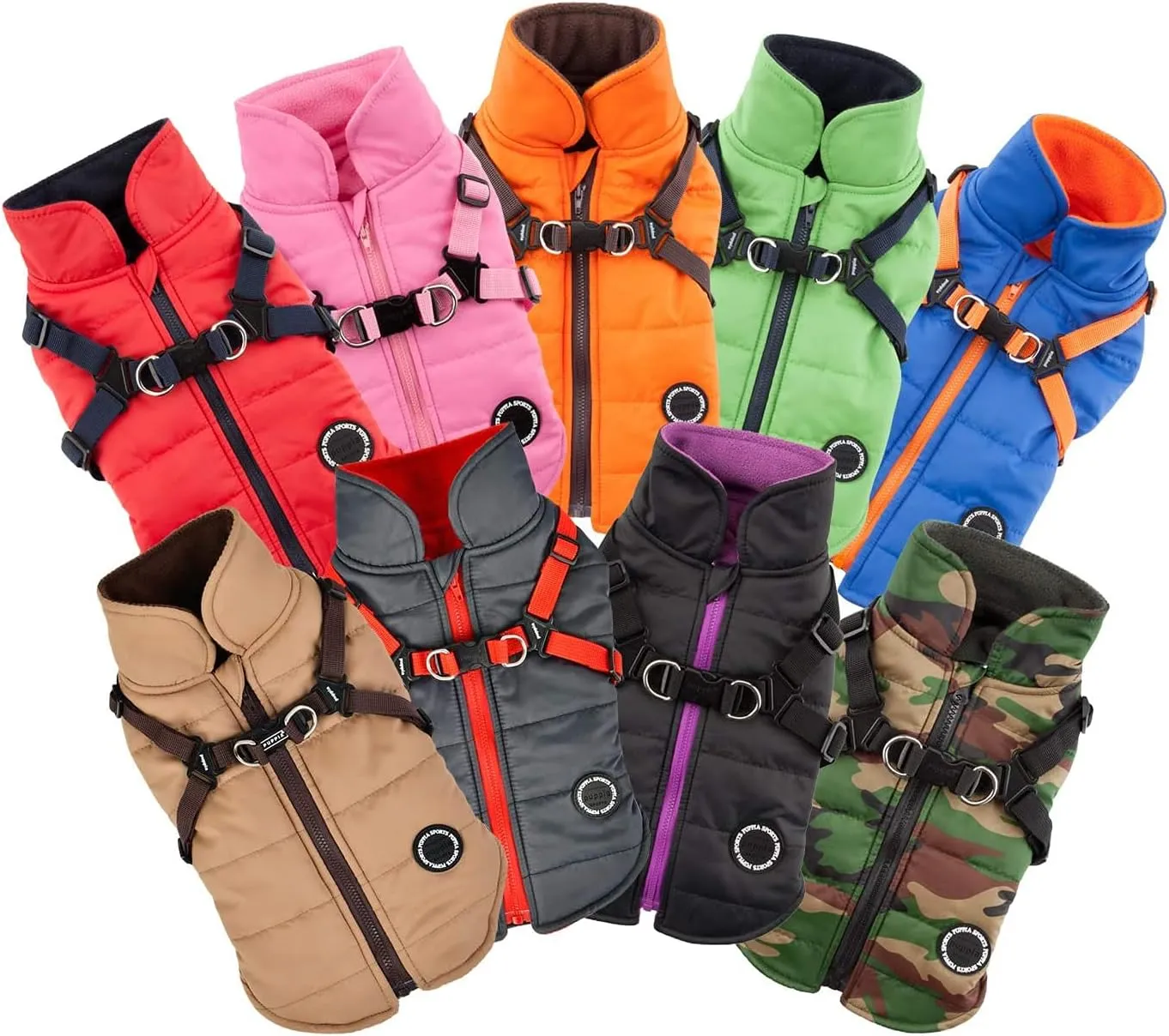 Puppia Mountaineer Winter Dog Coat with integrated harness No Pull Cold Weather Waterproof Warm Fleece Back Zipper for Small & Medium Dog, GREEN, Medium