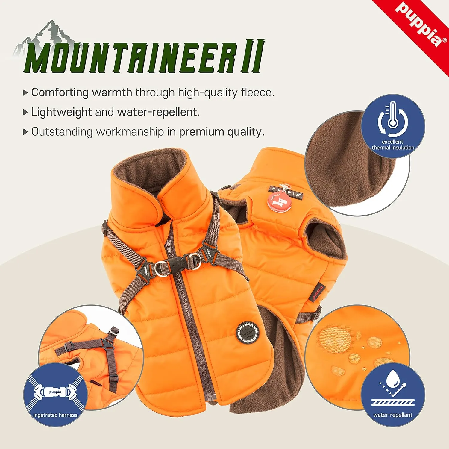 Puppia Mountaineer Winter Dog Coat with integrated harness No Pull Cold Weather Waterproof Warm Fleece Back Zipper for Small & Medium Dog, GREEN, Medium