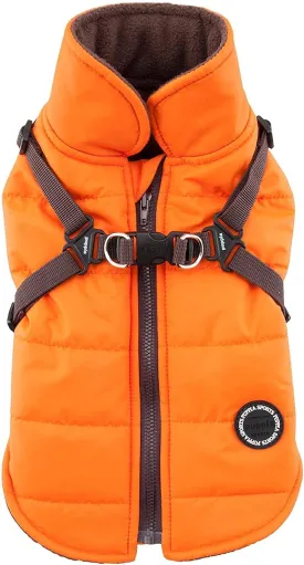 Puppia Mountaineer Winter Dog Coat with integrated harness No Pull Cold Weather Waterproof Warm Fleece Back Zipper for Small & Medium Dog, ORANGE, Medium