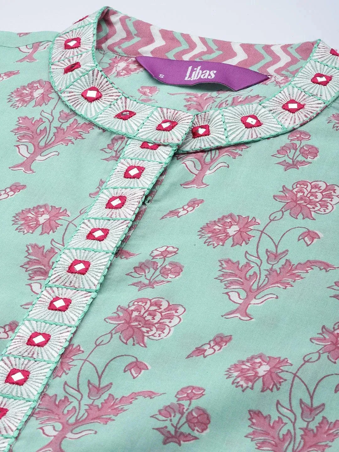 Sea Green Printed Cotton A-Line Kurta With Palazzos & Dupatta