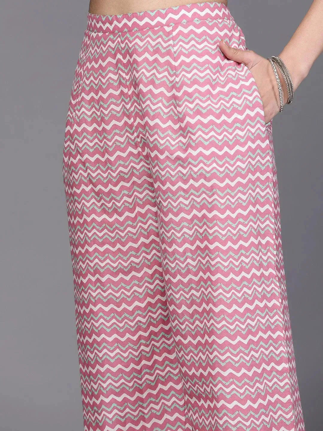 Sea Green Printed Cotton A-Line Kurta With Palazzos & Dupatta