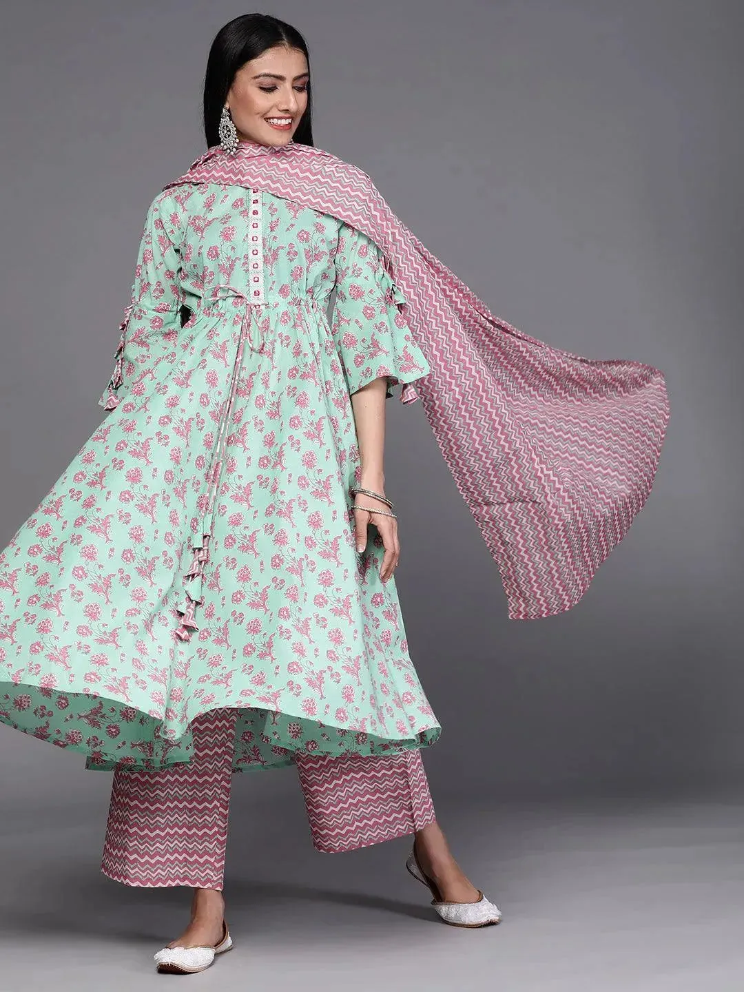 Sea Green Printed Cotton A-Line Kurta With Palazzos & Dupatta