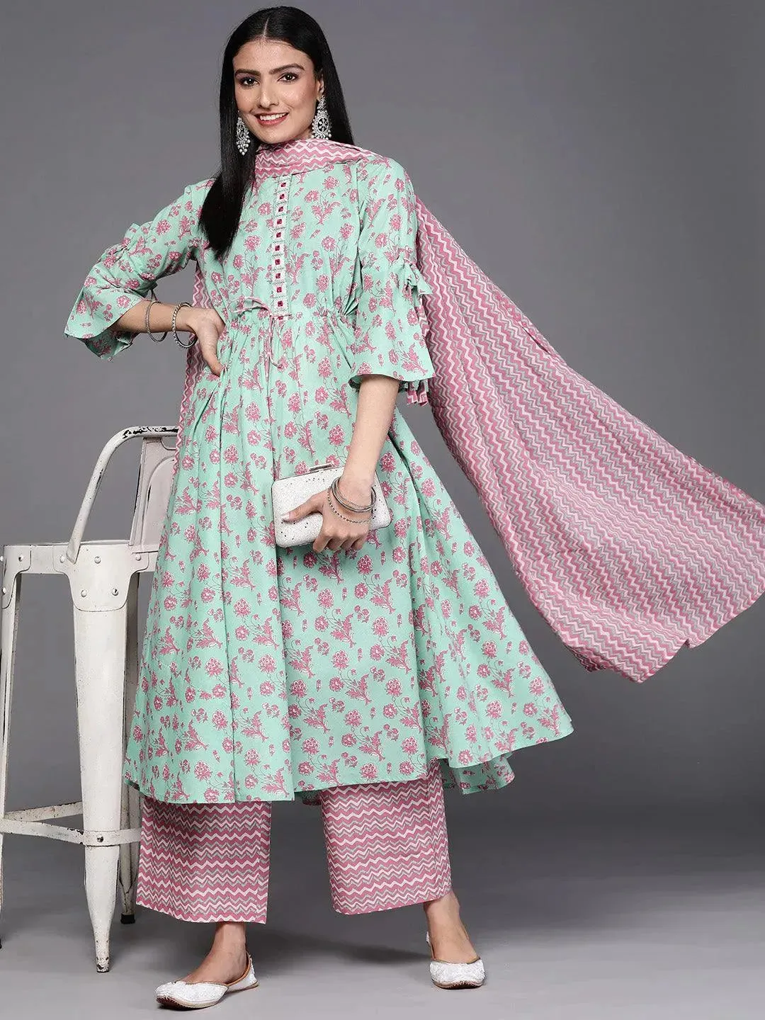 Sea Green Printed Cotton A-Line Kurta With Palazzos & Dupatta